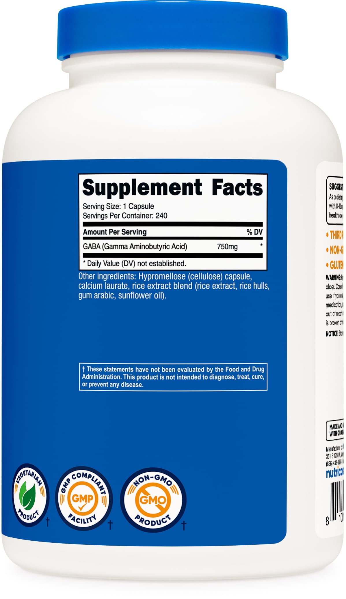 Nutricost GABA serving image highlights 240 servings per bottle for long-term use