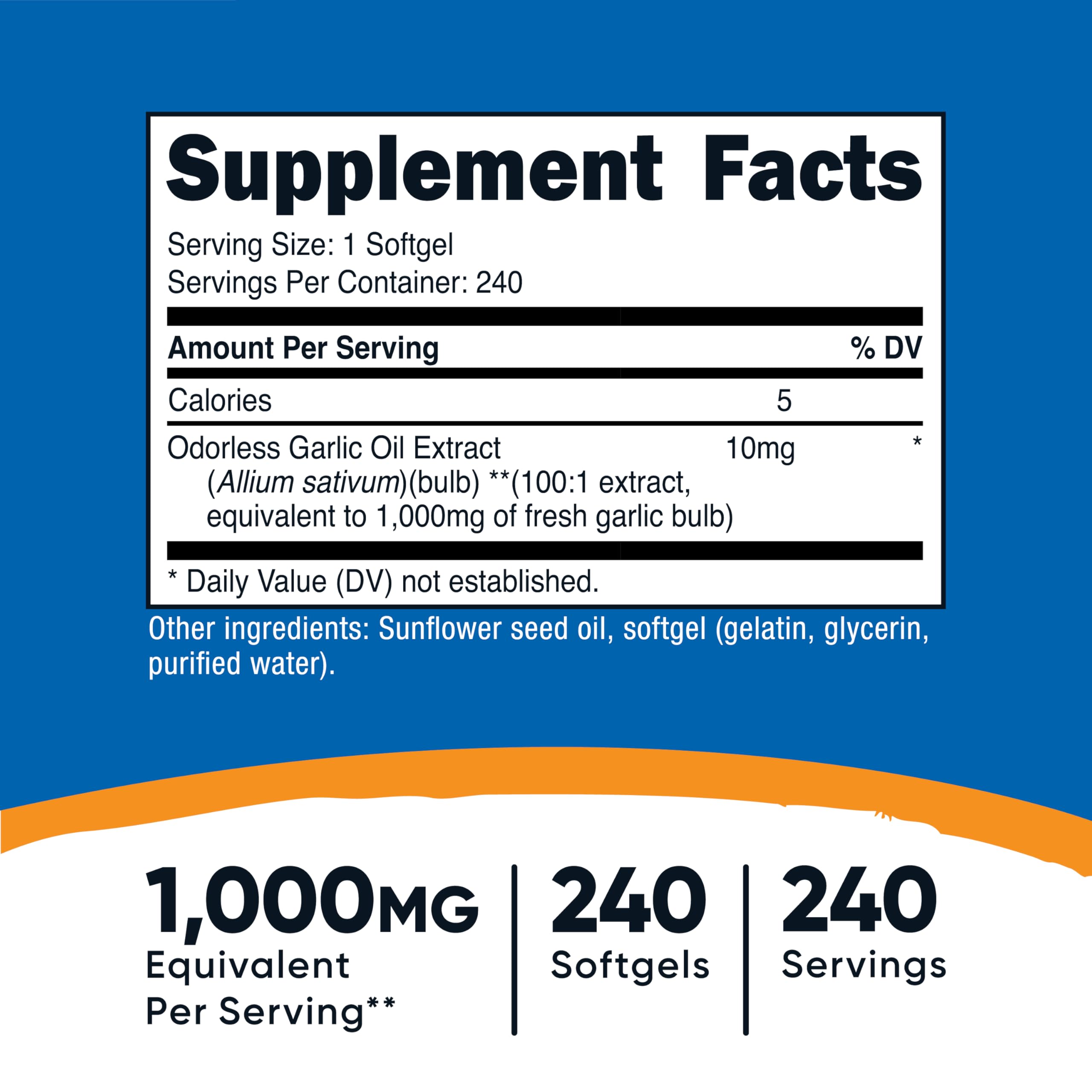 Nutricost garlic softgels 1000mg close-up, smooth capsule for comfortable swallowing