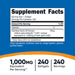 Nutricost garlic softgels 1000mg close-up, smooth capsule for comfortable swallowing