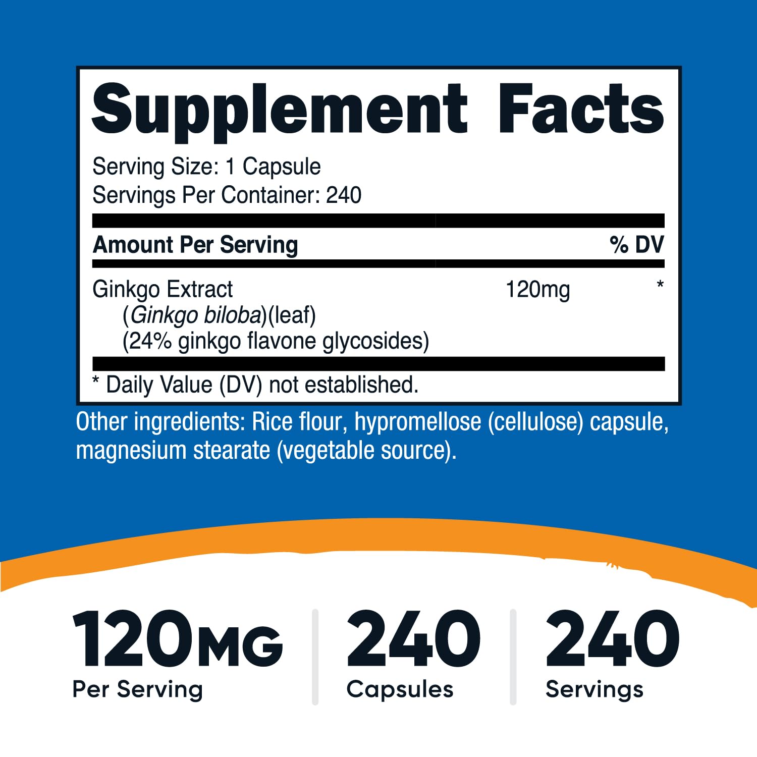 Nutricost Ginkgo Biloba capsules close-up showing 240 servings.