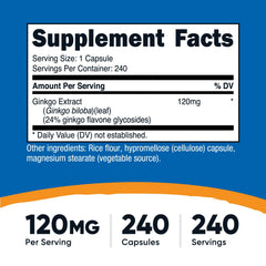 Nutricost Ginkgo Biloba capsules close-up showing 240 servings.