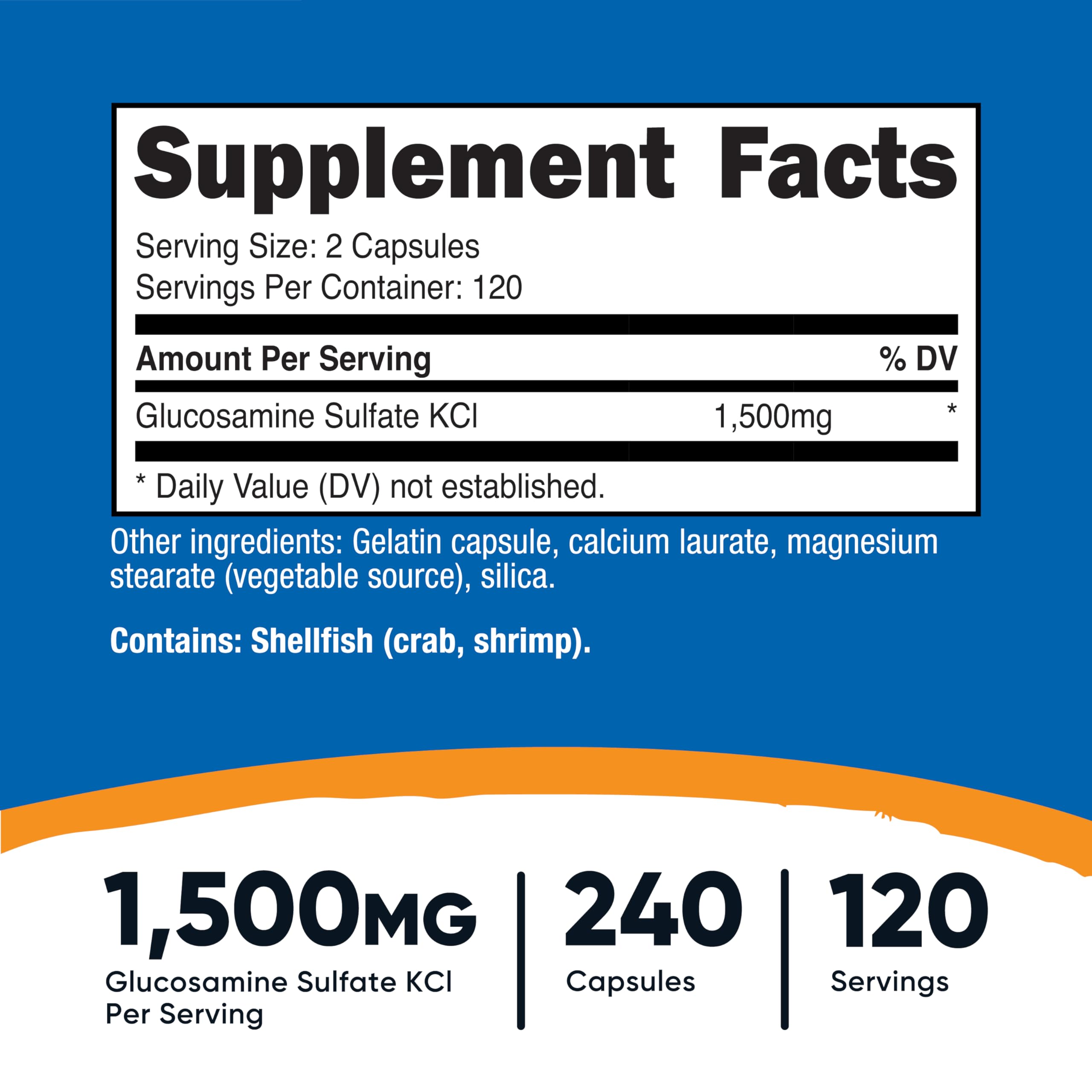 Nutricost Glucosamine sulfate capsules close-up showing 750mg per capsule