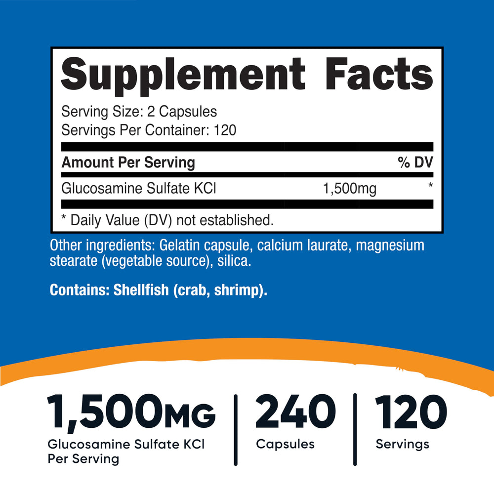Nutricost Glucosamine sulfate capsules close-up showing 750mg per capsule