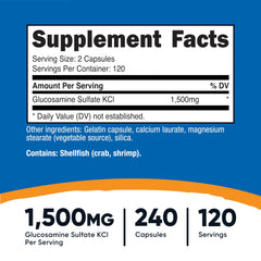 Nutricost Glucosamine sulfate capsules close-up showing 750mg per capsule