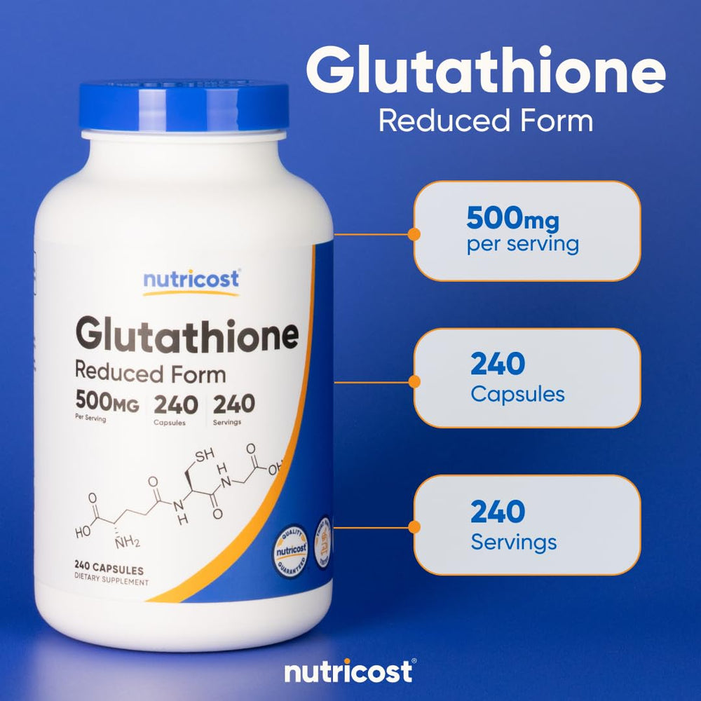 Nutricost Glutathione bottle on desk for everyday wellness.