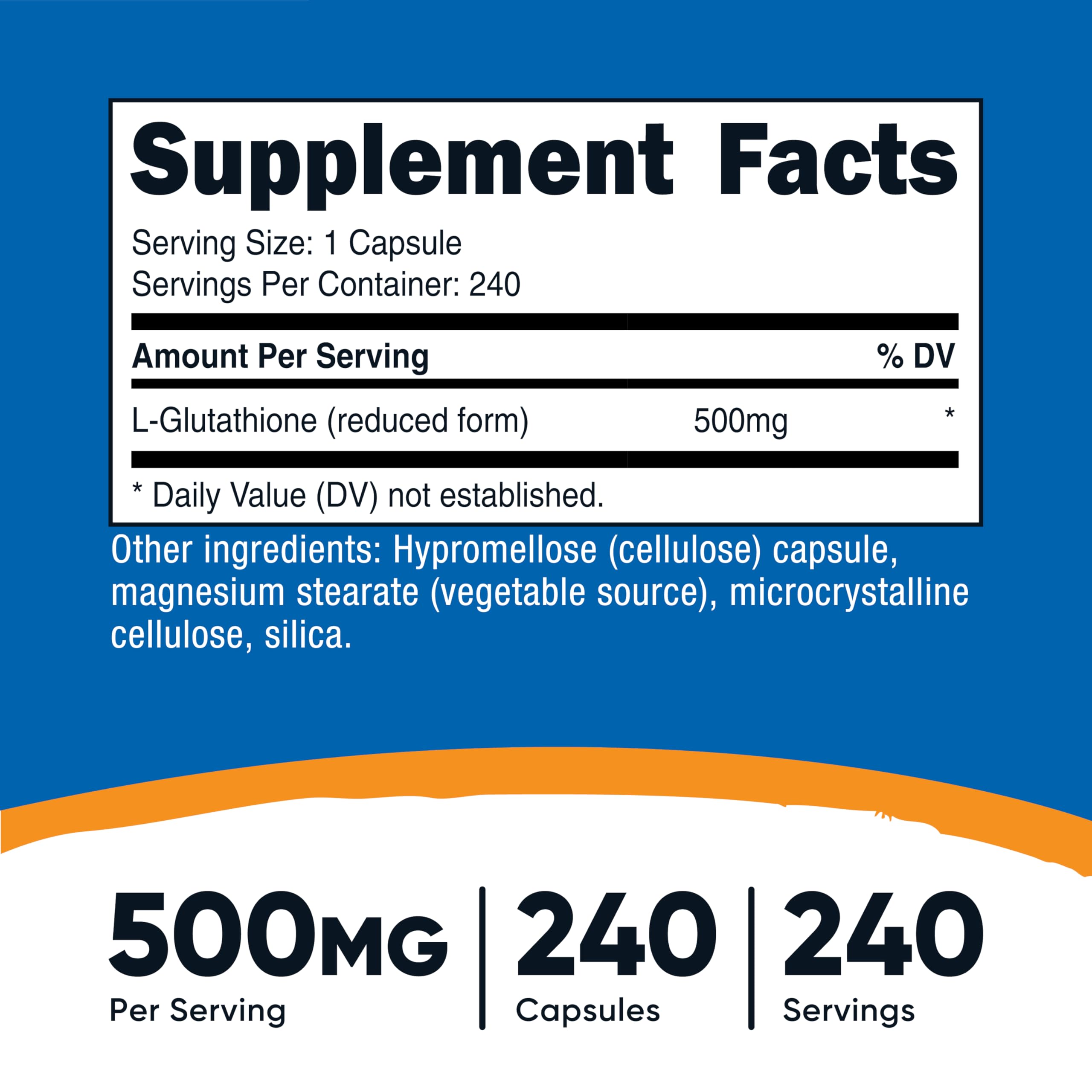 Nutricost glutathione capsules closeup, easy one-capsule daily serving.