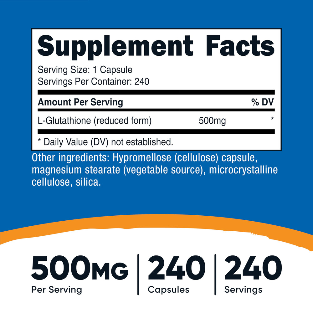 Nutricost glutathione capsules closeup, easy one-capsule daily serving.