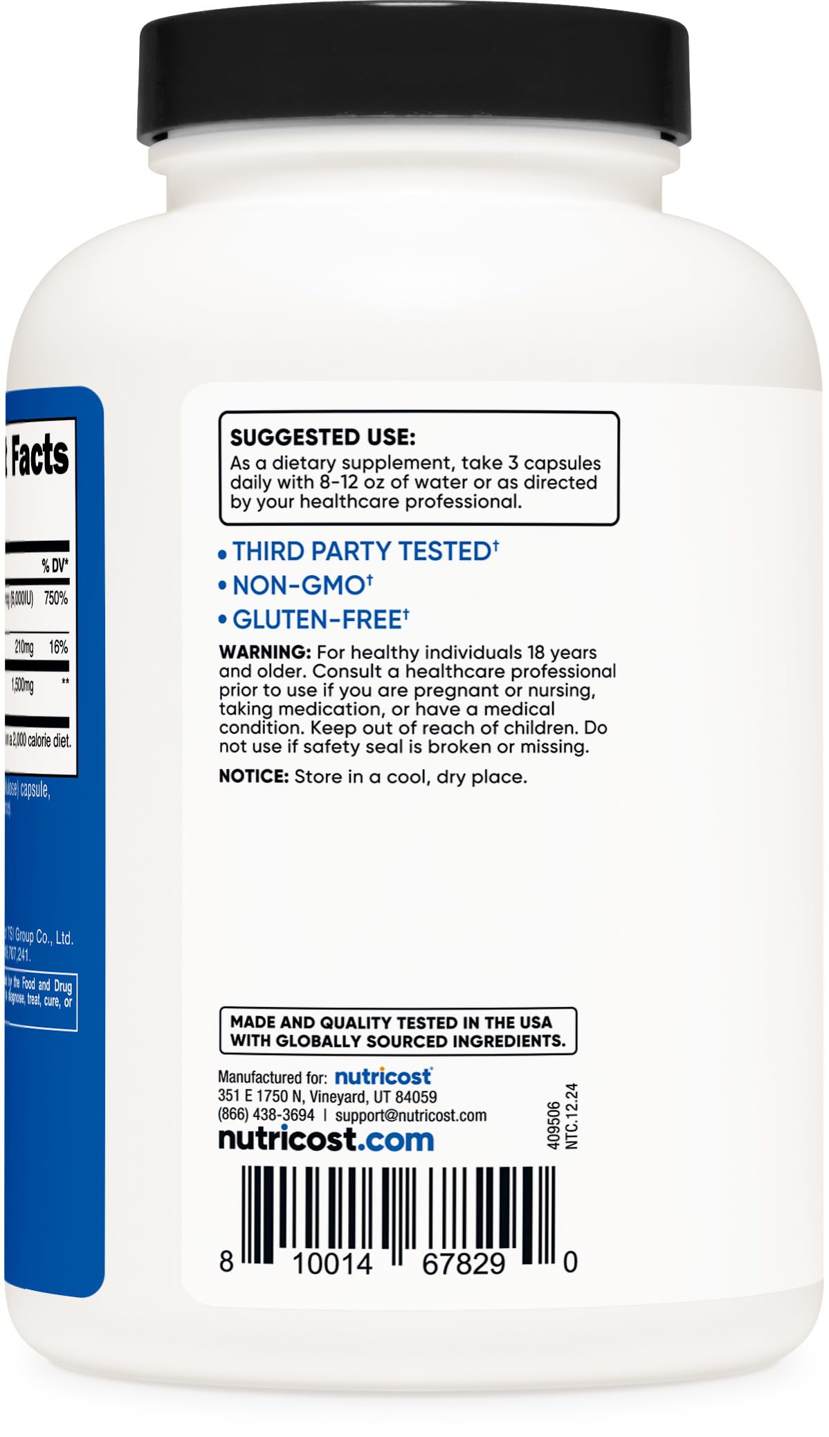 Gluten-free and non-GMO Nutricost label on packaging.