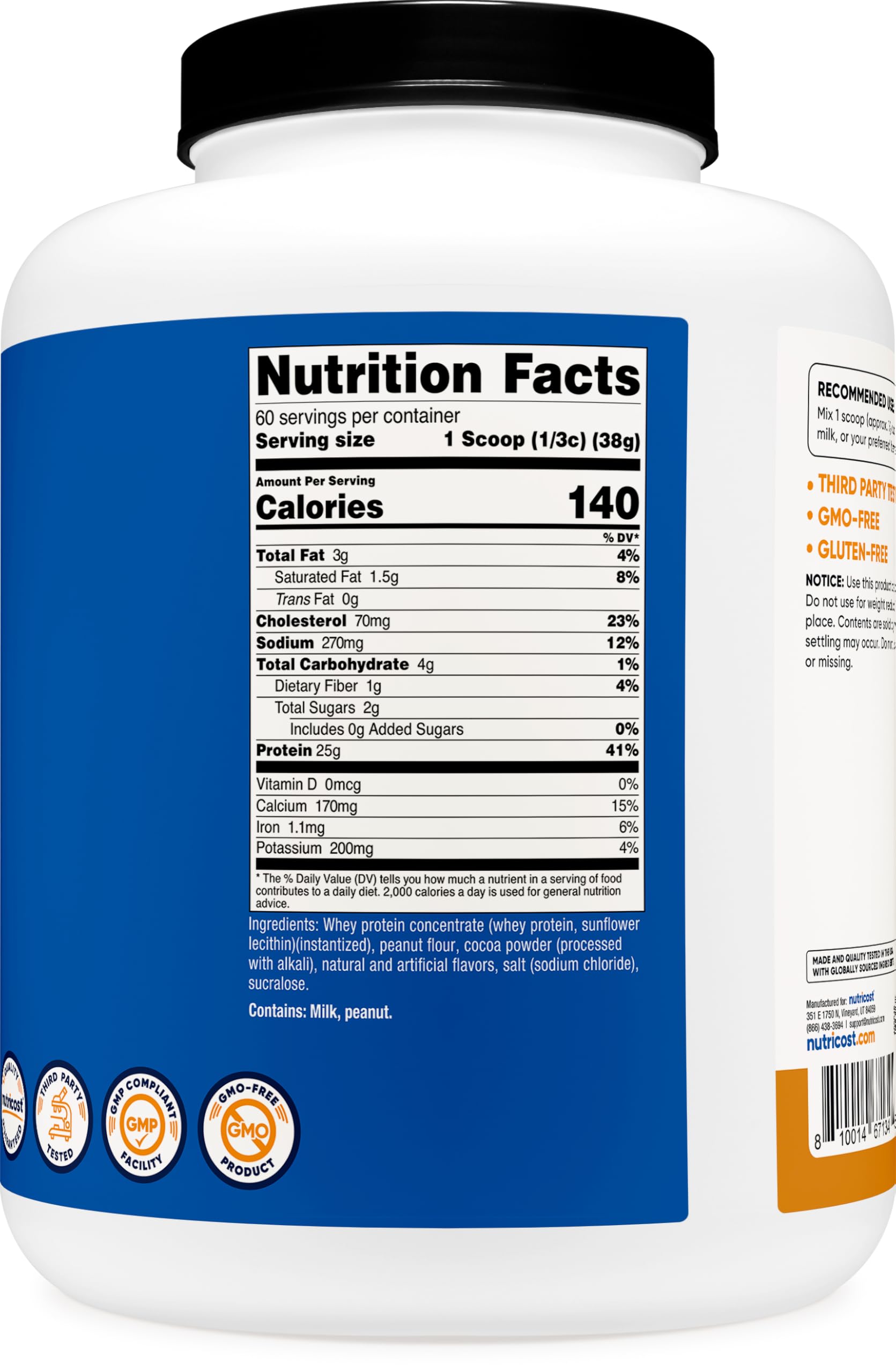 Nutricost gluten free and non-GMO packaging showcases the chocolate peanut butter formula.