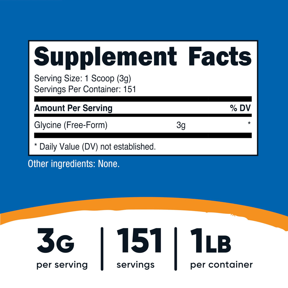 Nutricost Glycine powder serving scoop included for easy 3 g portions.
