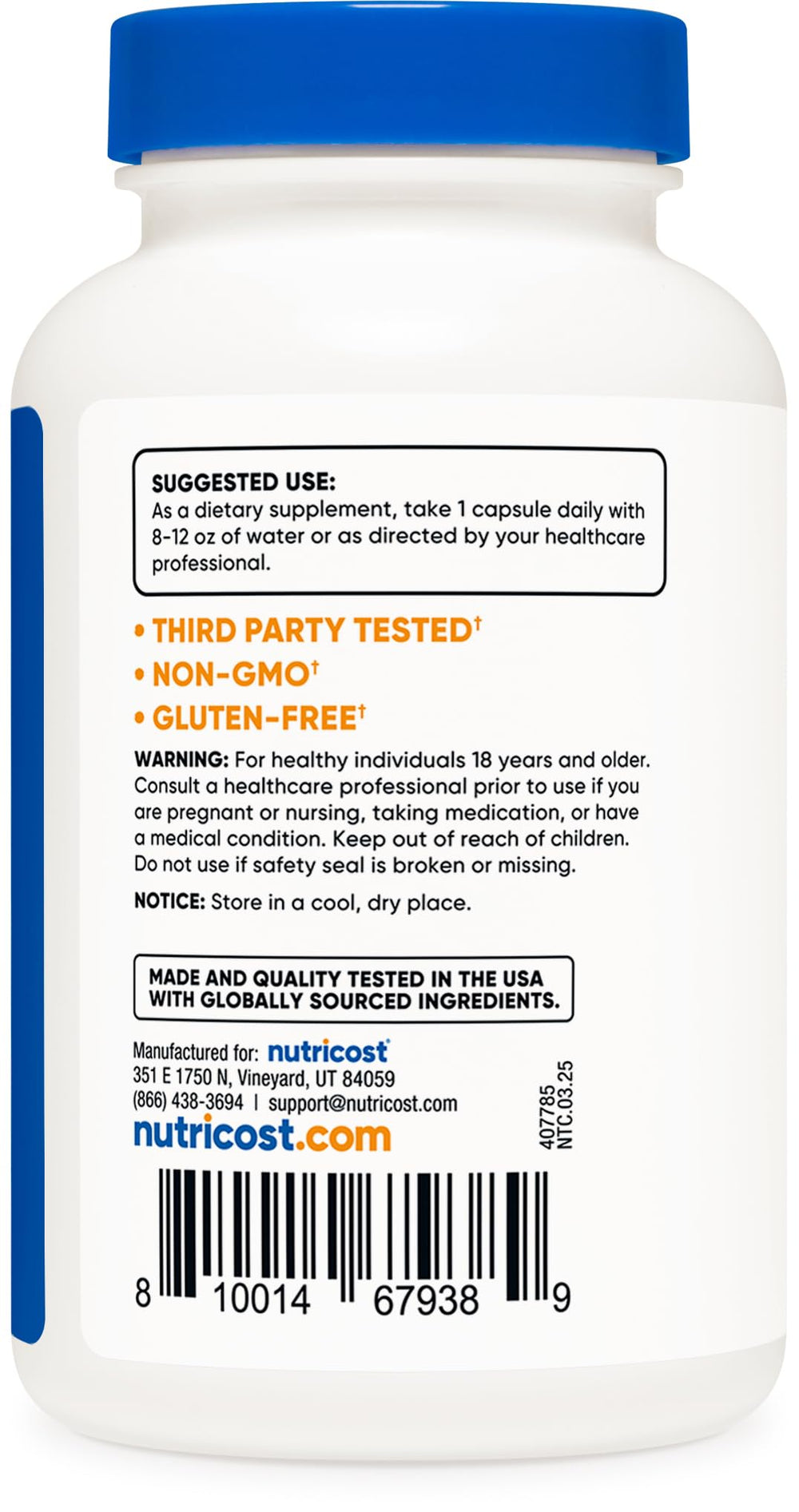 Nutricost GMP and FDA seal on bottle for quality assurance.