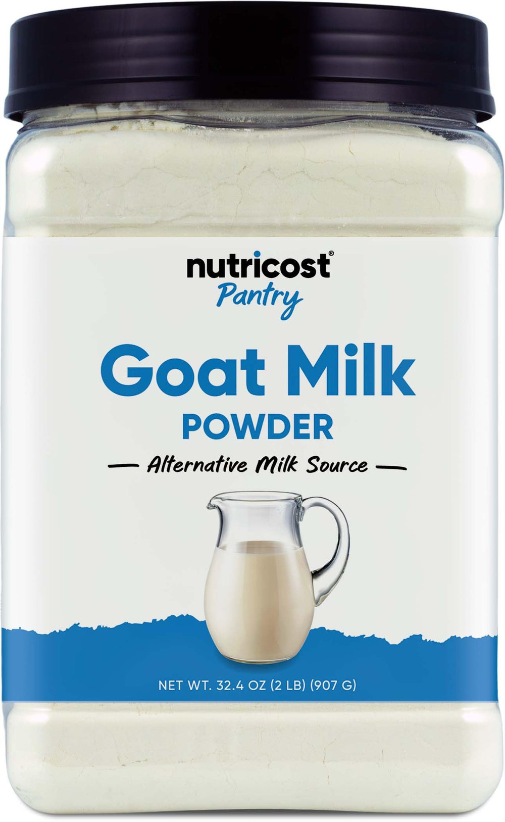 Nutricost Goat Milk Powder bottle 2lb for easy pantry storage and quick mixing.