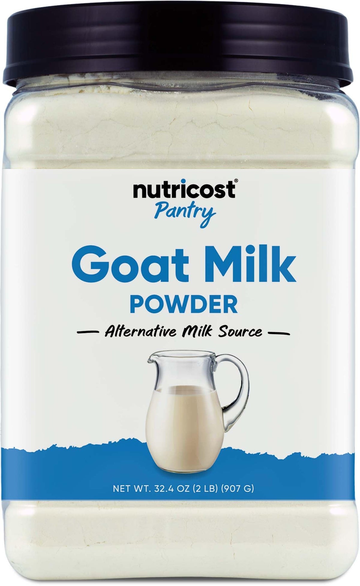 Nutricost Goat Milk Powder bottle 2lb for easy pantry storage and quick mixing.