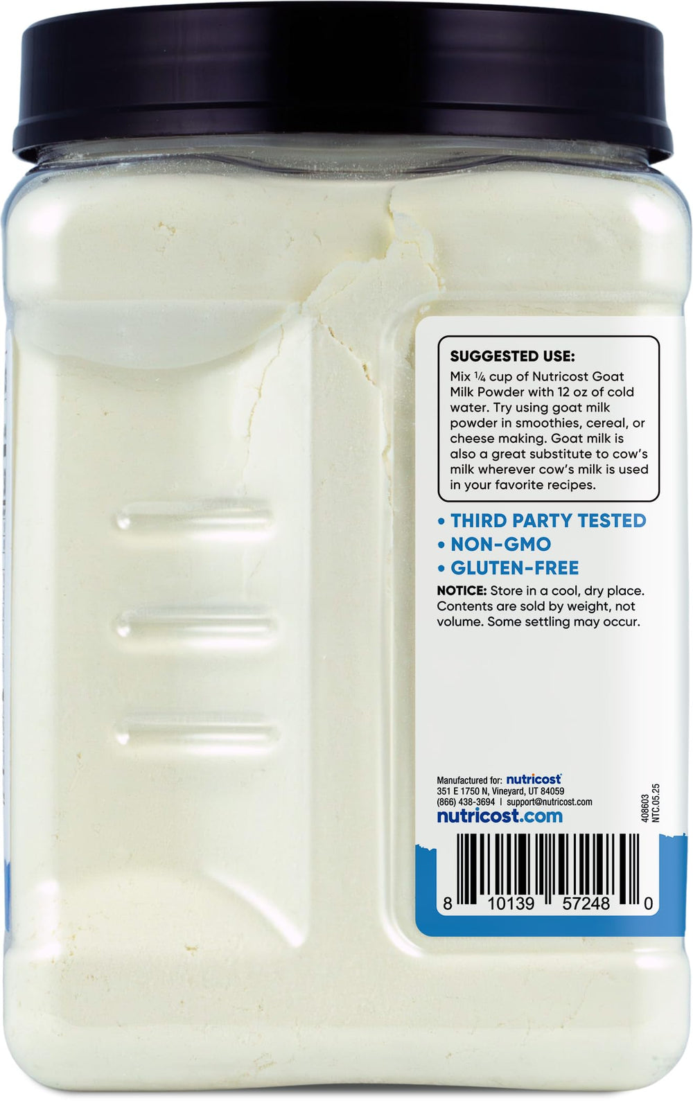 Nutricost Goat Milk Powder non-gmo-label communicates quality and transparency.