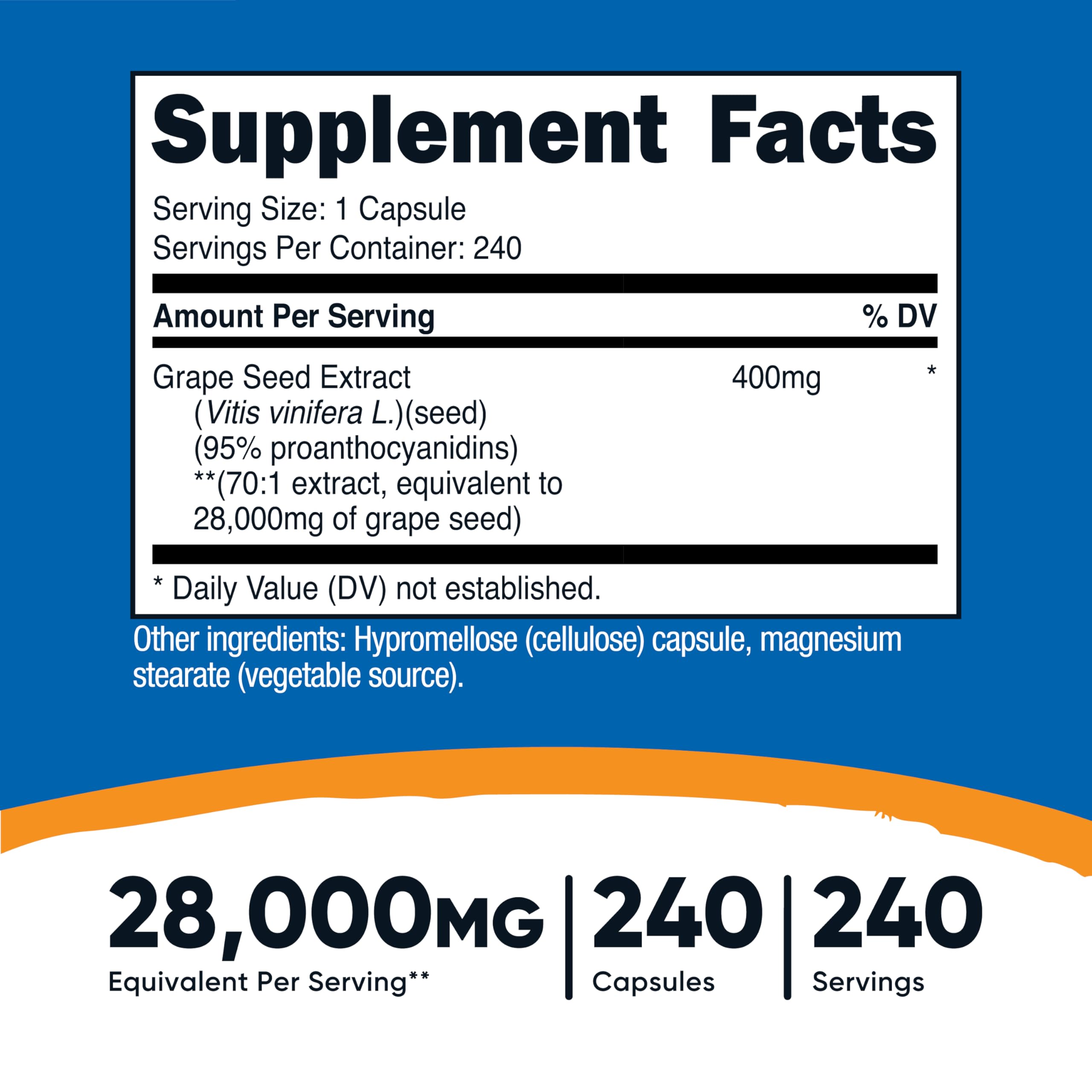 Close-up of Nutricost Grape Seed Extract capsules highlighting 400 mg servings.