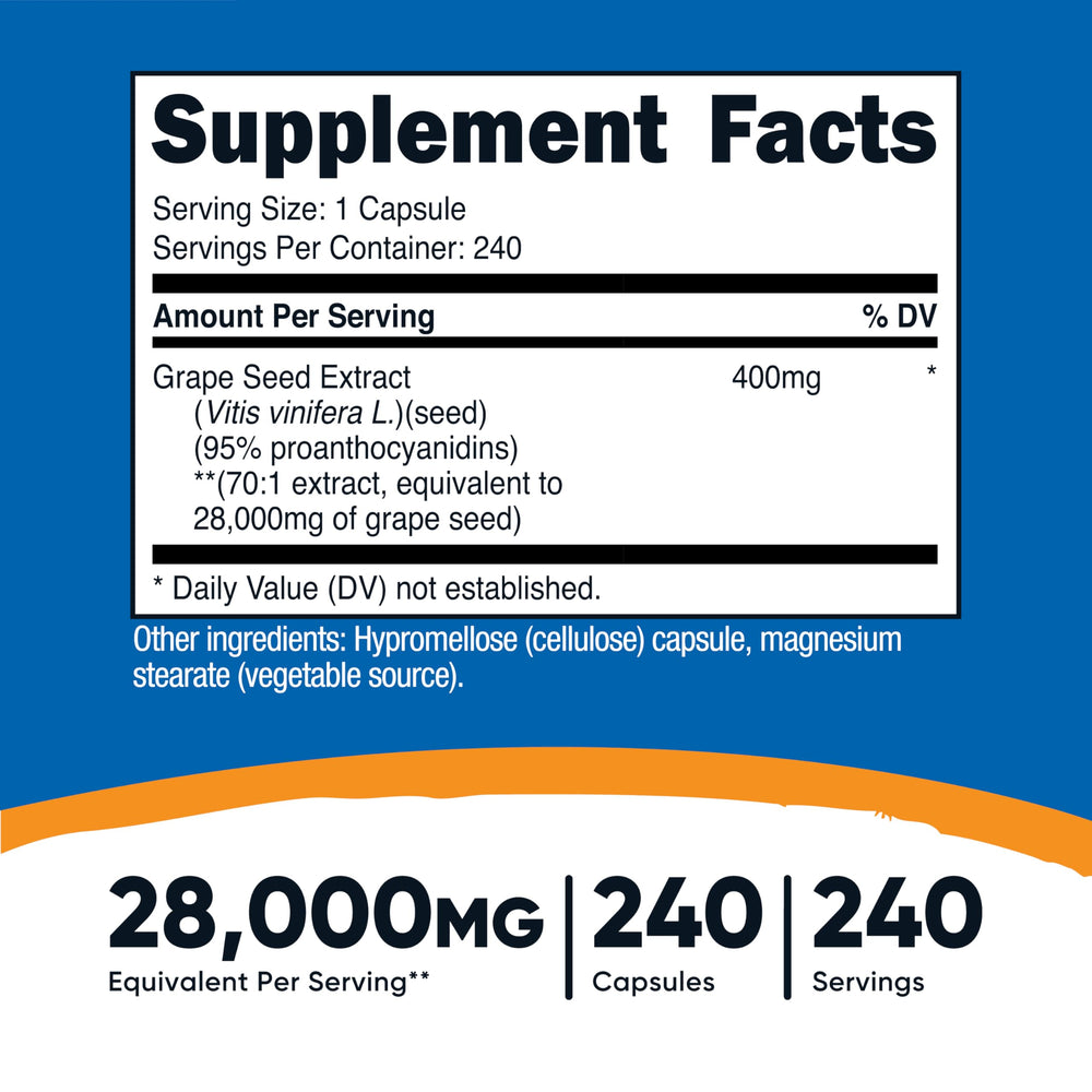 Close-up of Nutricost Grape Seed Extract capsules highlighting 400 mg servings.