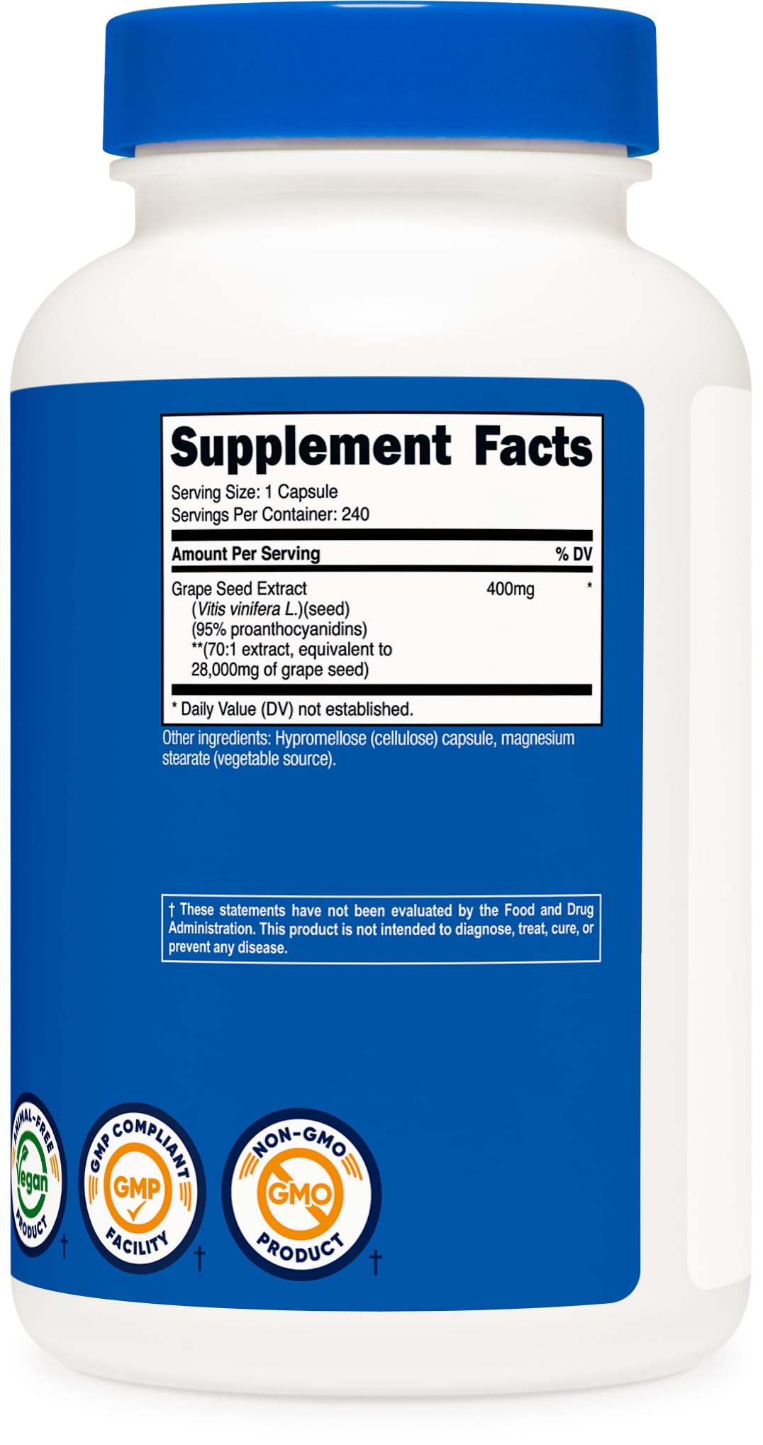 Nutricost Grape Seed Extract bottle displayed for vegetarian-friendly daily supplement routine.