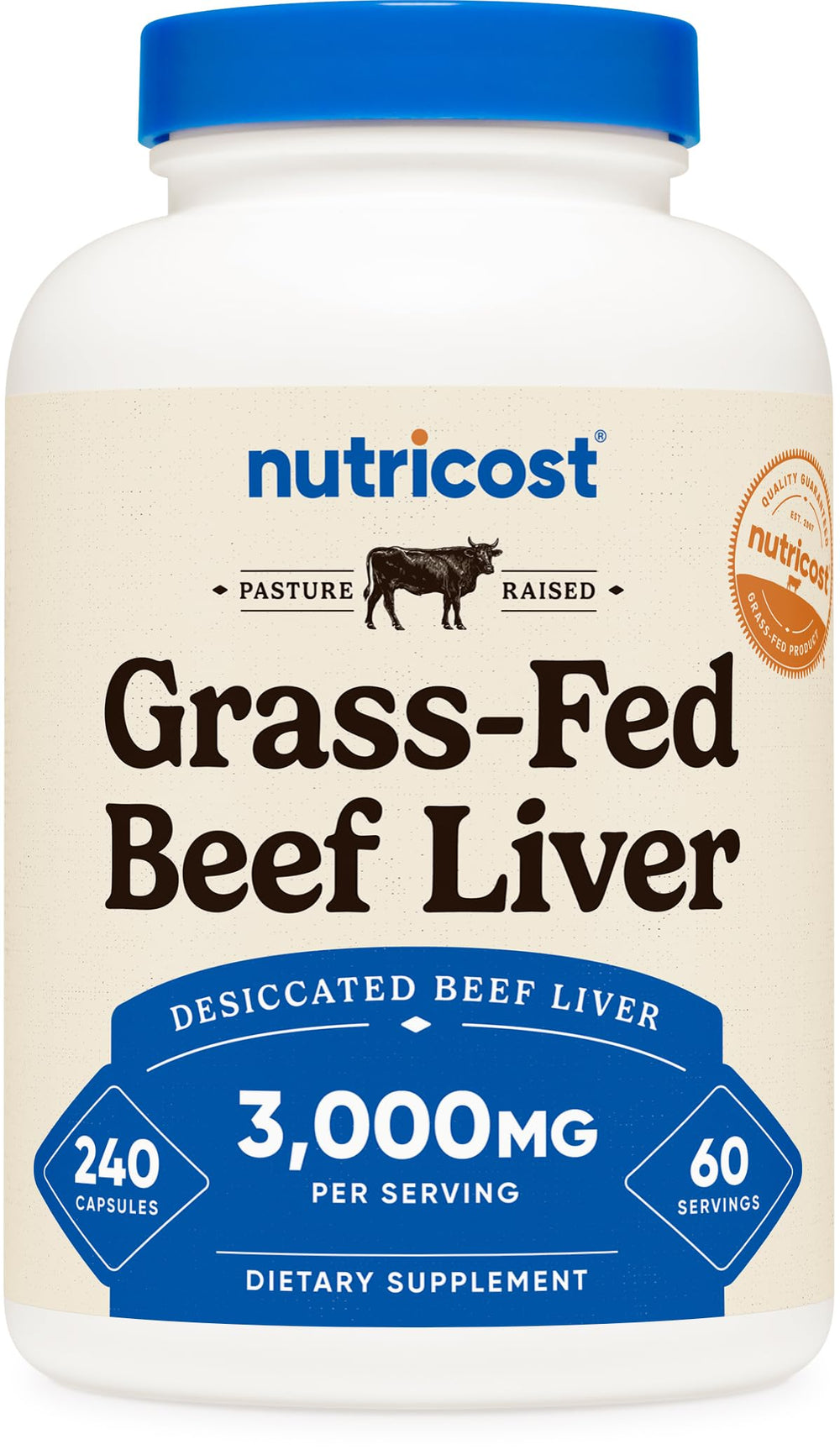 Nutricost Grass Fed Desiccated Beef Liver Capsules bottle, convenient daily supplement for busy days.