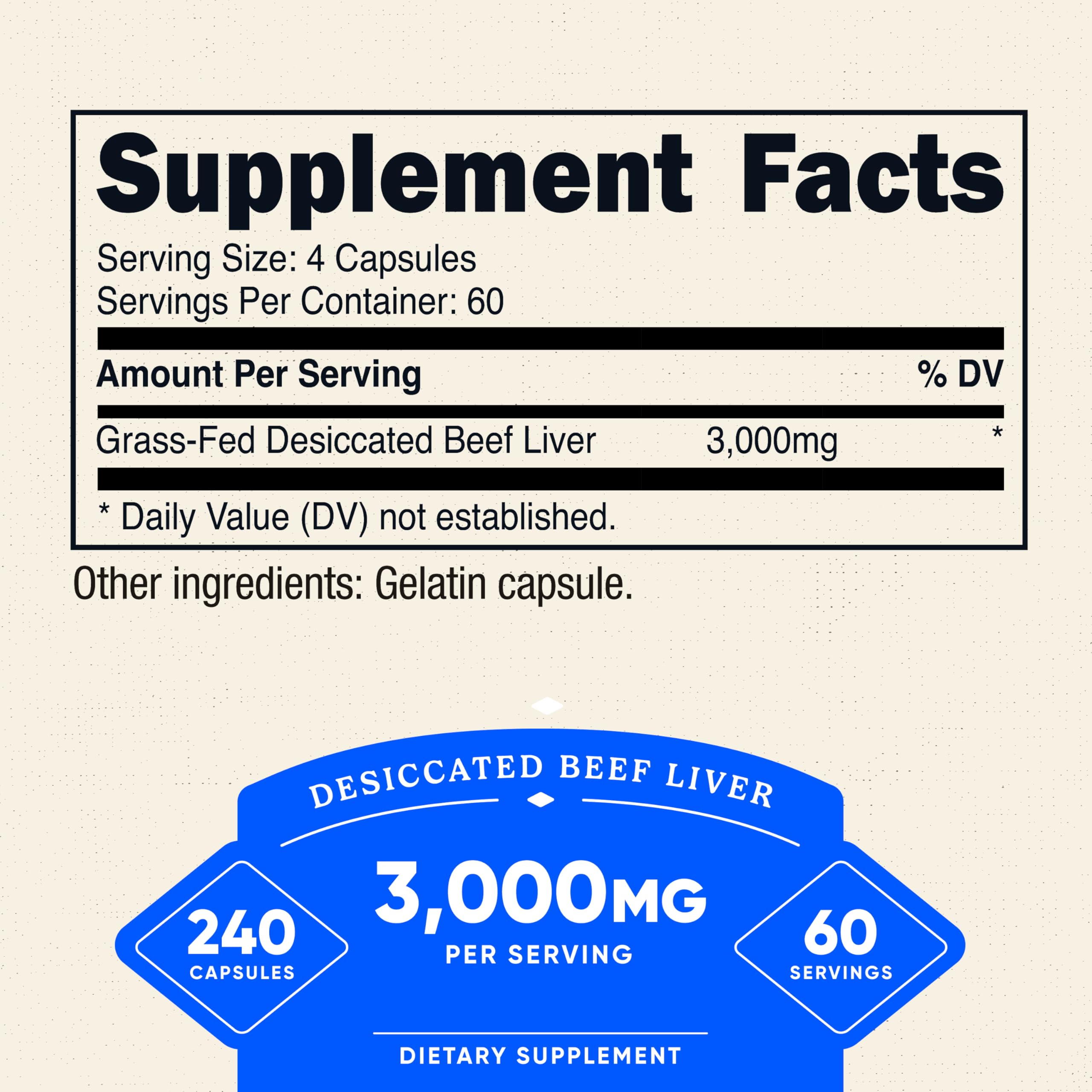 Nutricost Grass Fed Desiccated Beef Liver Capsules label, high-potency daily vitality support.