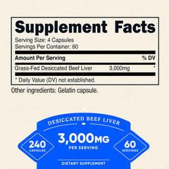 Nutricost Grass Fed Desiccated Beef Liver Capsules label, high-potency daily vitality support.
