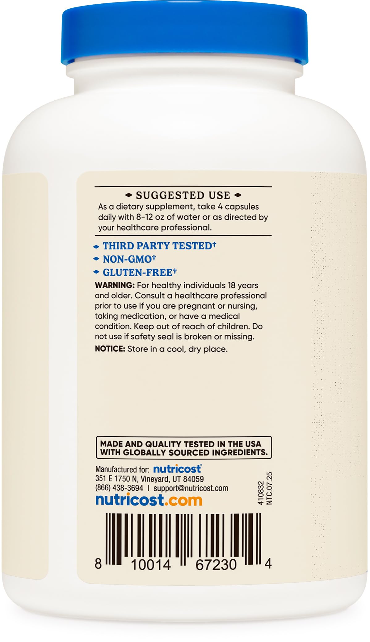 Nutricost Grass Fed Desiccated Beef Liver Capsules beside measuring spoon, convenient 60 servings.