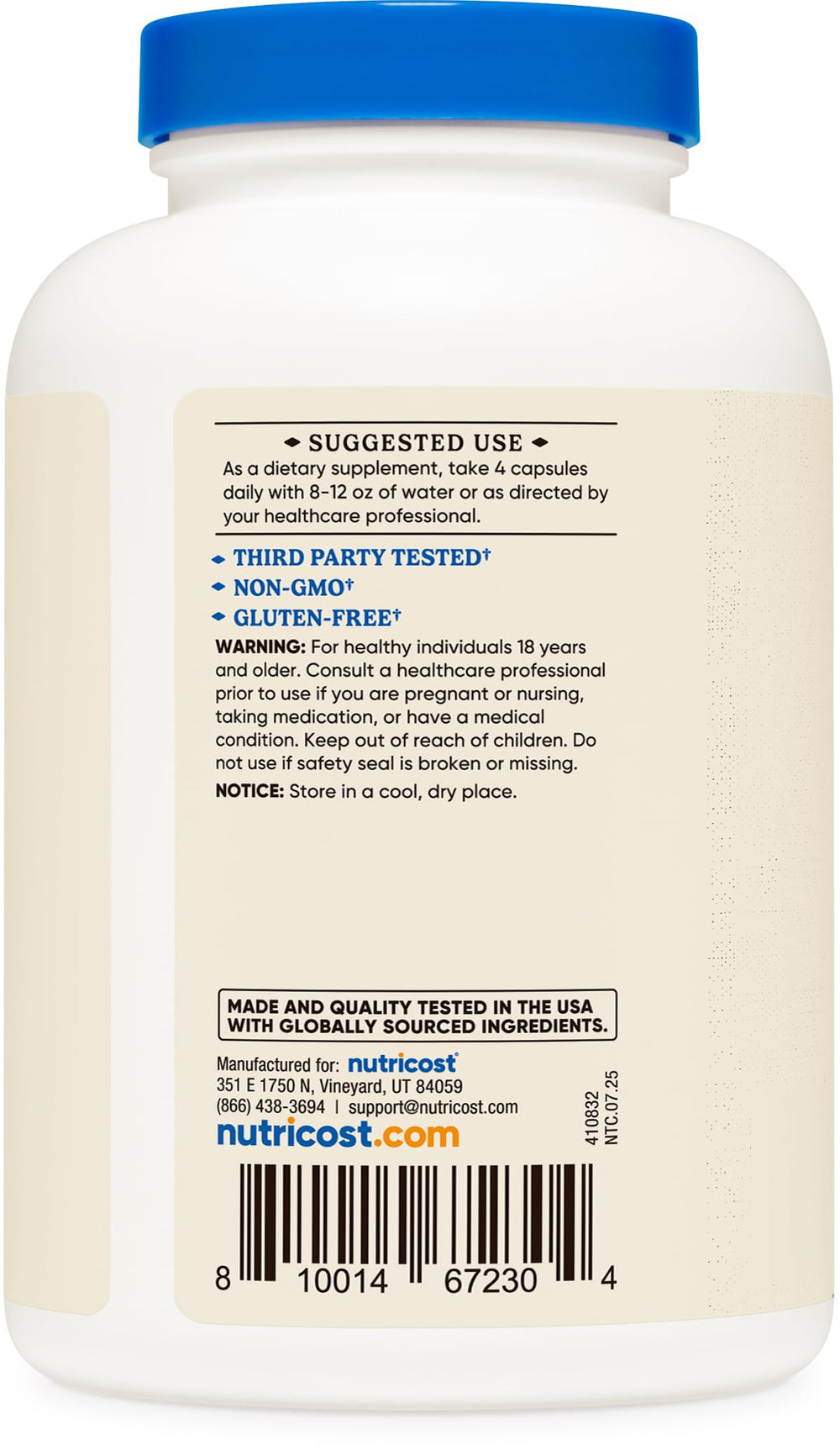 Nutricost Grass Fed Desiccated Beef Liver Capsules beside measuring spoon, convenient 60 servings.