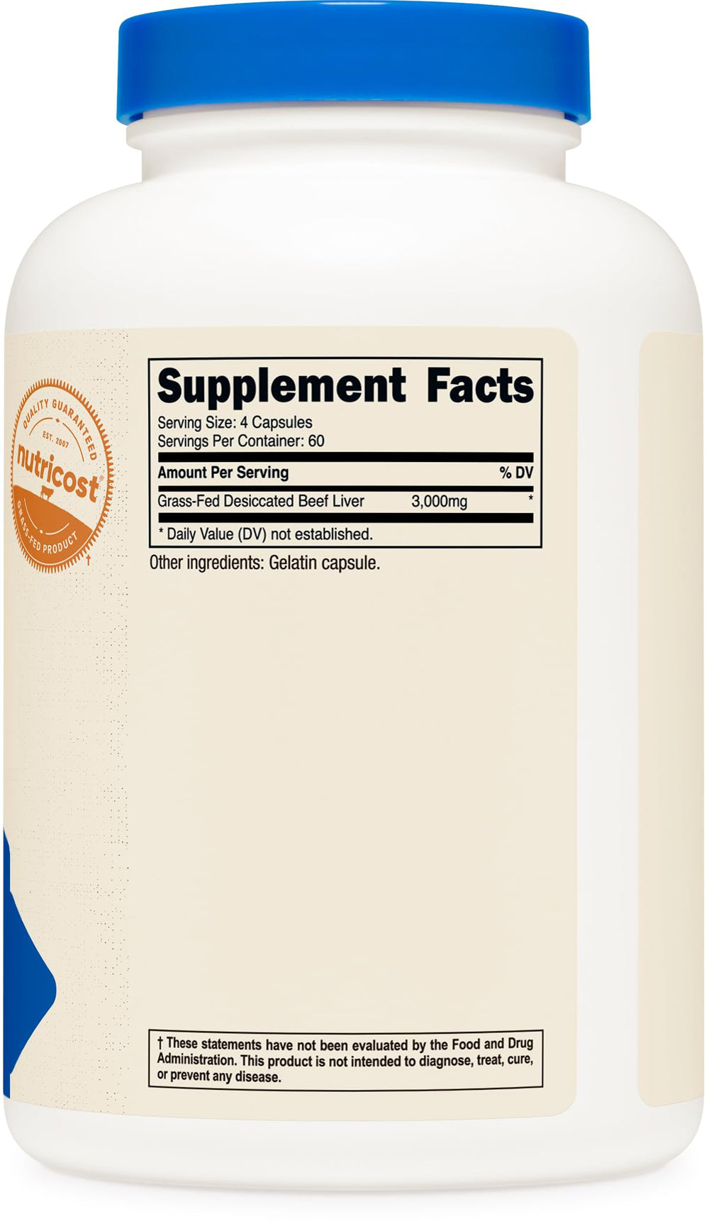 Nutricost Grass Fed Desiccated Beef Liver Capsules package with GMP stamp indicating quality manufacturing.