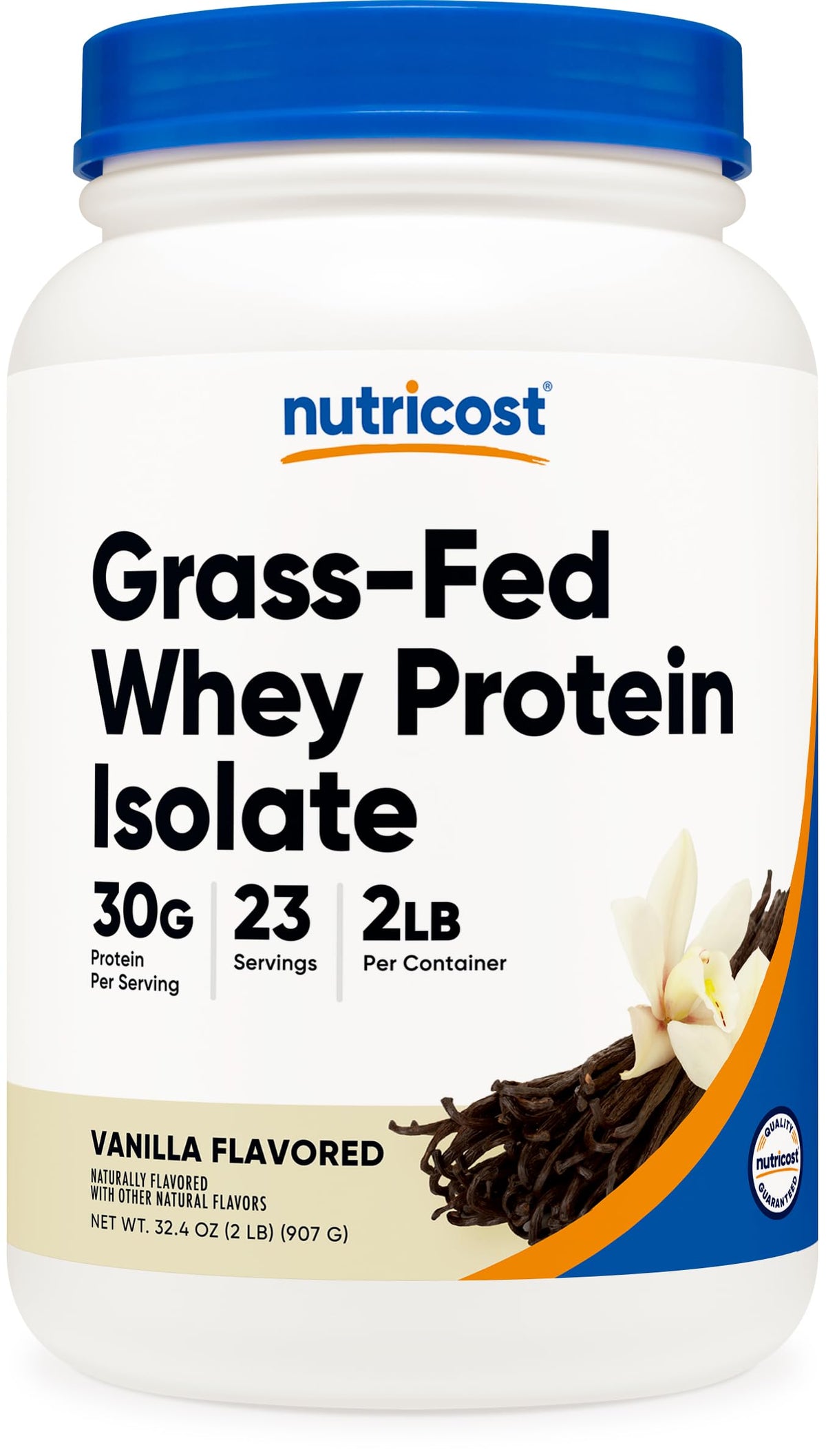 Nutricost grass-fed whey protein isolate vanilla jar for a smooth post-workout shake.
