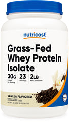 Nutricost grass-fed whey protein isolate vanilla jar for a smooth post-workout shake.