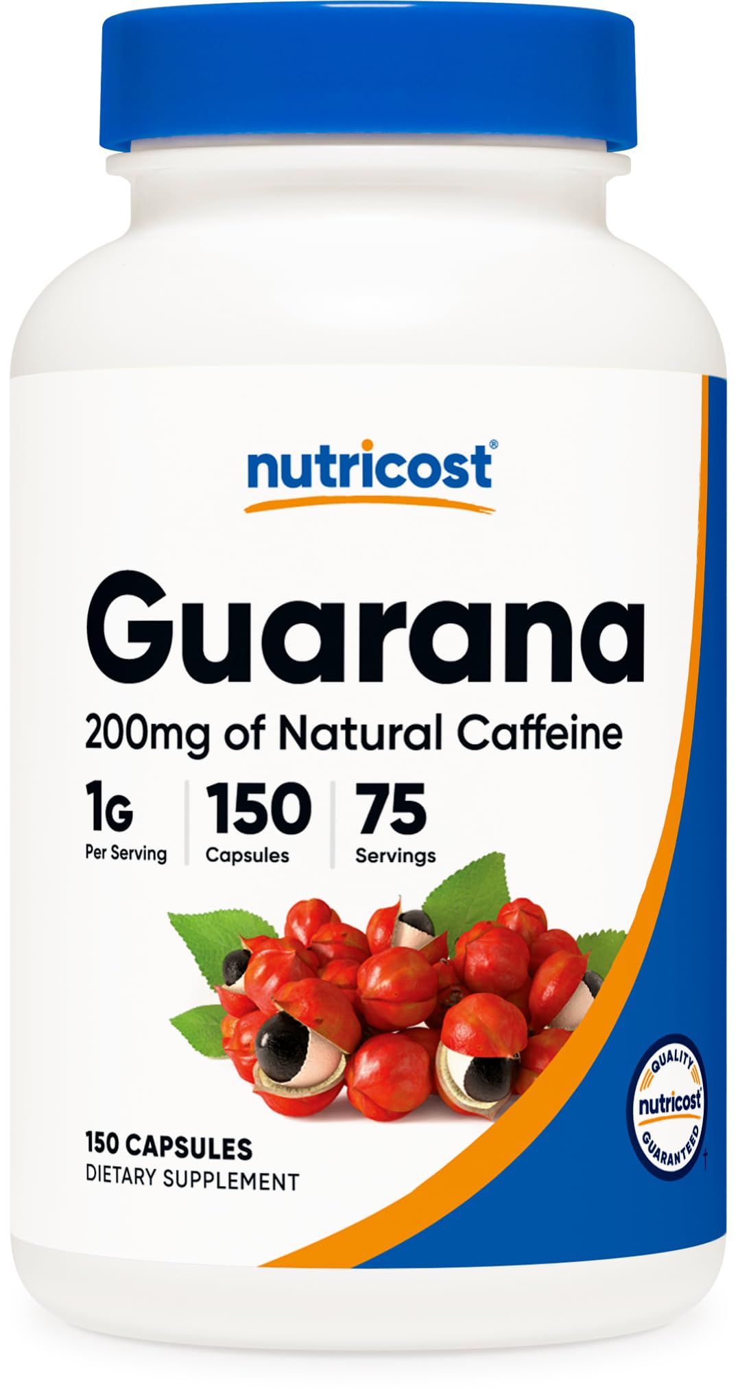 Nutricost Guarana 1000mg serving bottle with capsules for daily energy.