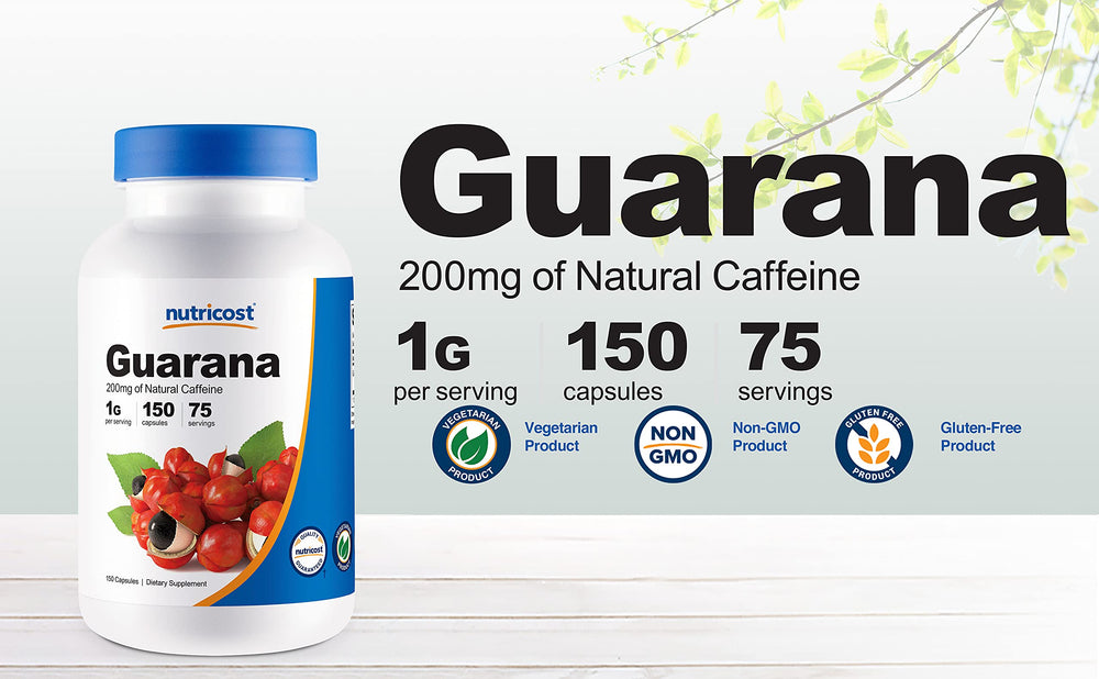 Nutricost Guarana bottle beside packaging emphasizing vegan-friendly, gluten-free formula.