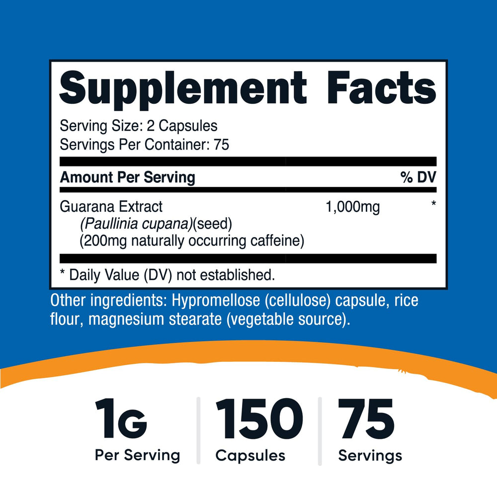 Close-up of Nutricost Guarana capsules highlighting natural caffeine source.
