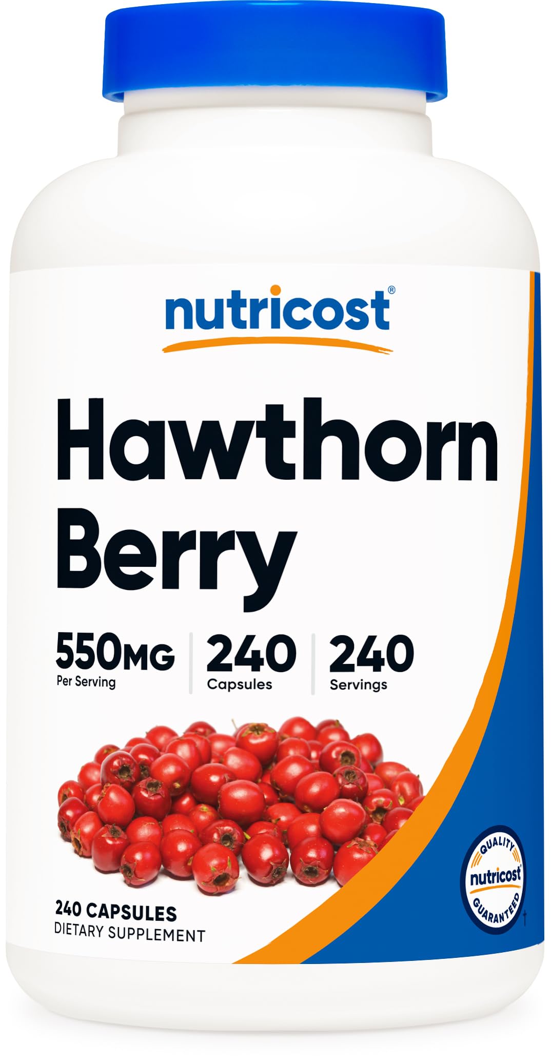 Nutricost Hawthorn Berry capsules bottle close-up, 550mg per serving for daily wellness