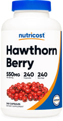 Nutricost Hawthorn Berry capsules bottle close-up, 550mg per serving for daily wellness