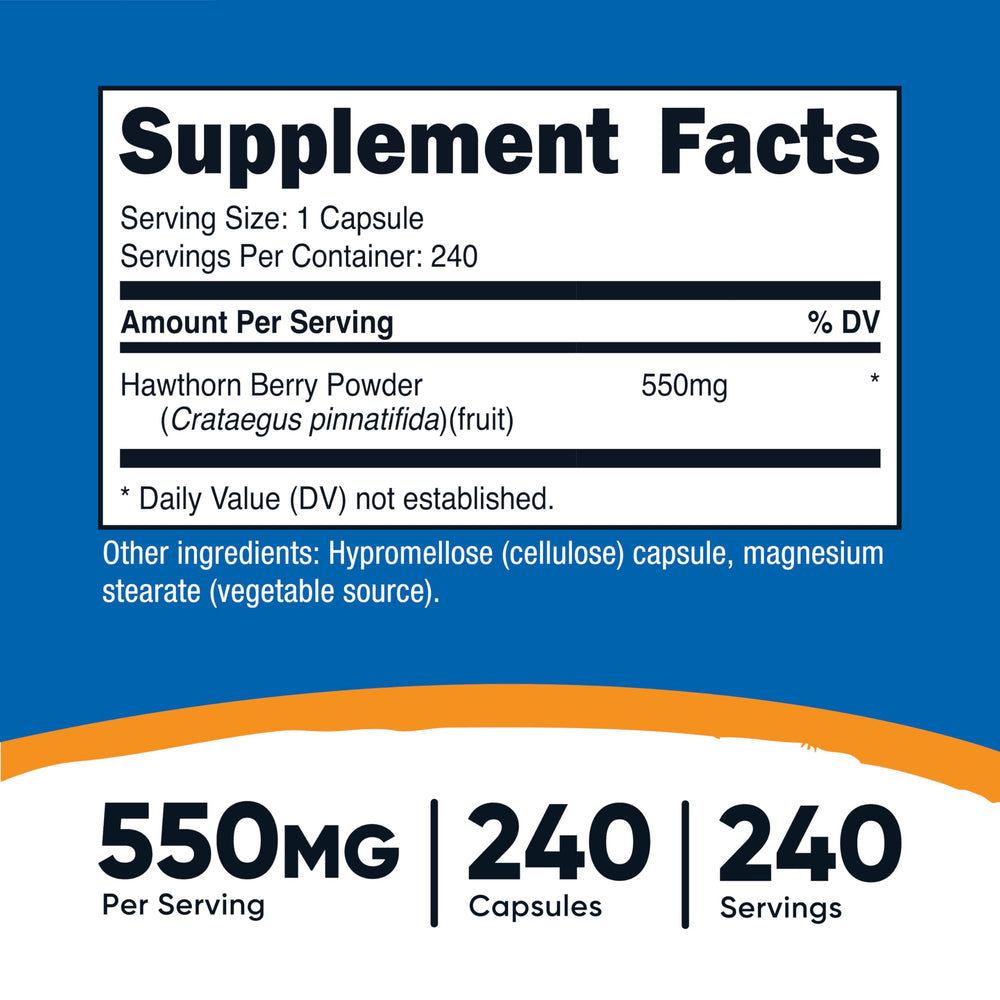 Hawthorn Berry capsules label close-up showing ingredients and vegetarian-friendly claim