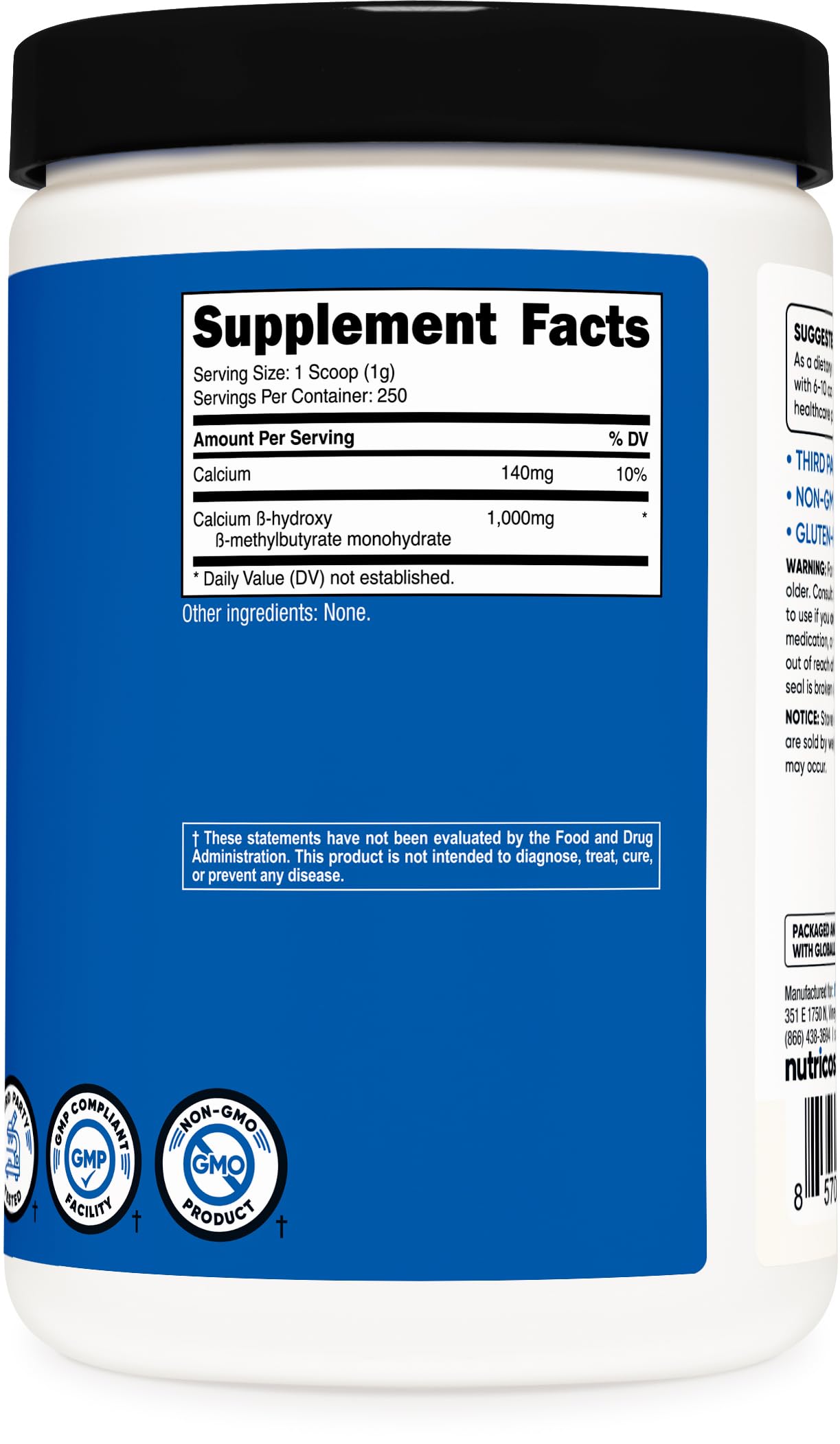 Nutricost HMB powder seal shows gluten-free and non-GMO assurance.