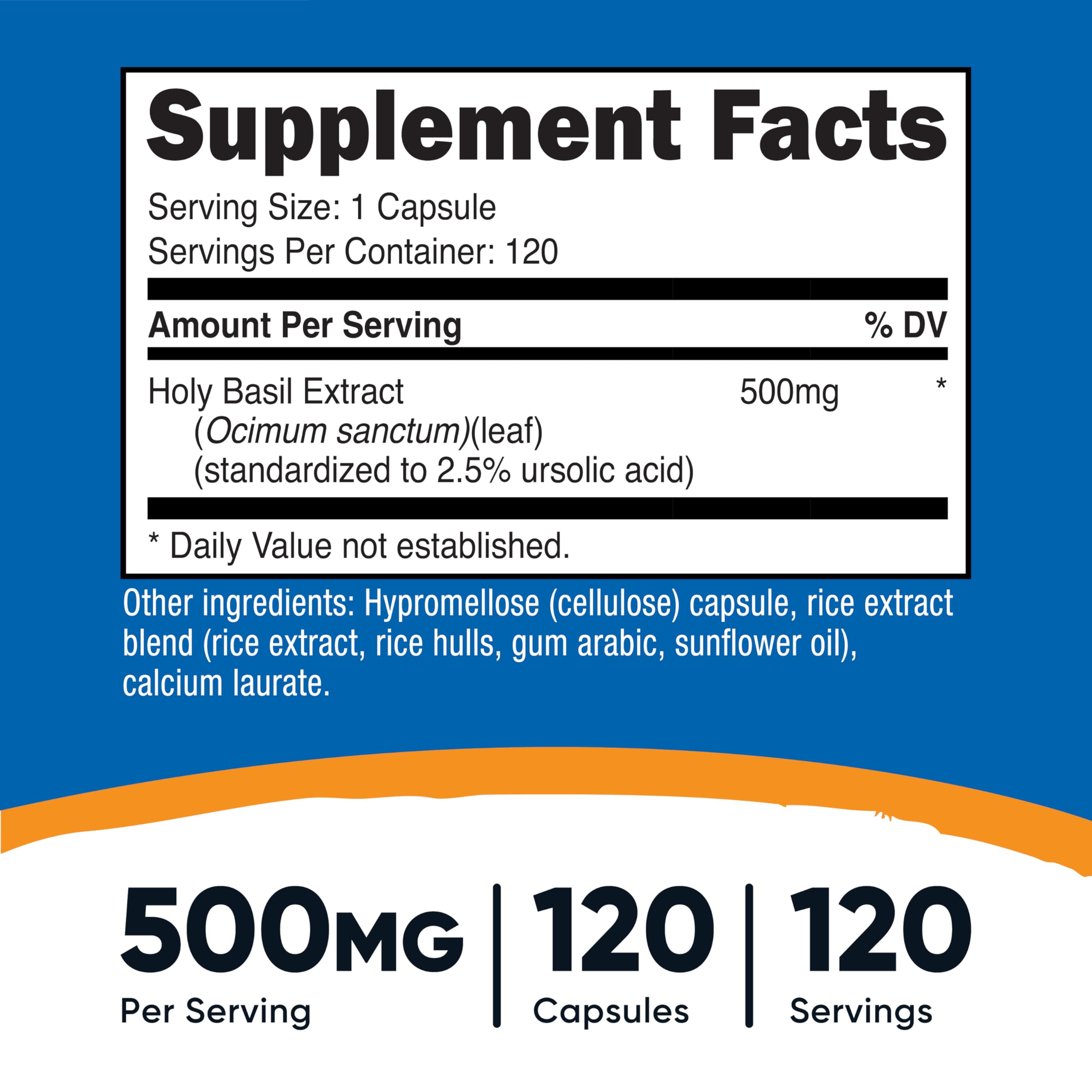 Nutricost Holy Basil Capsules bottle back showing ingredients and GMP safety seals.