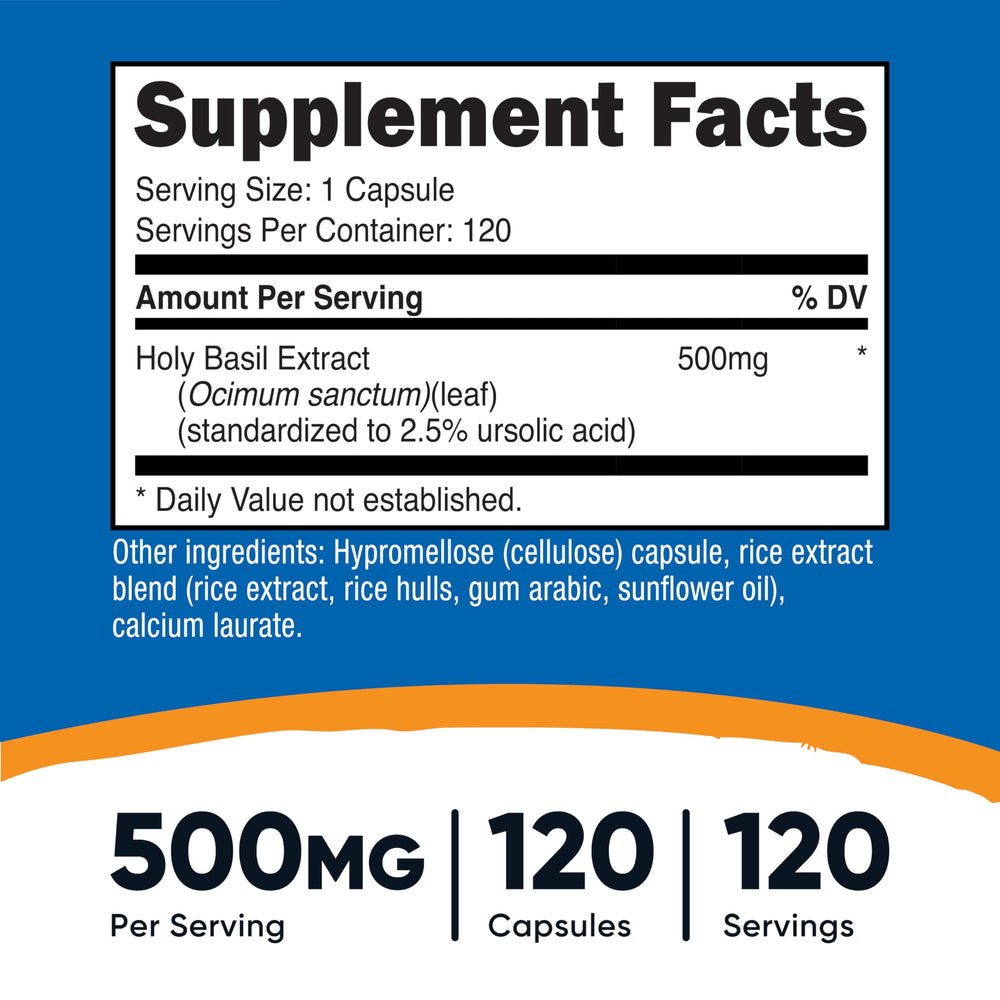 Nutricost Holy Basil Capsules bottle back showing ingredients and GMP safety seals.