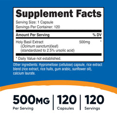 Nutricost Holy Basil Capsules bottle back showing ingredients and GMP safety seals.