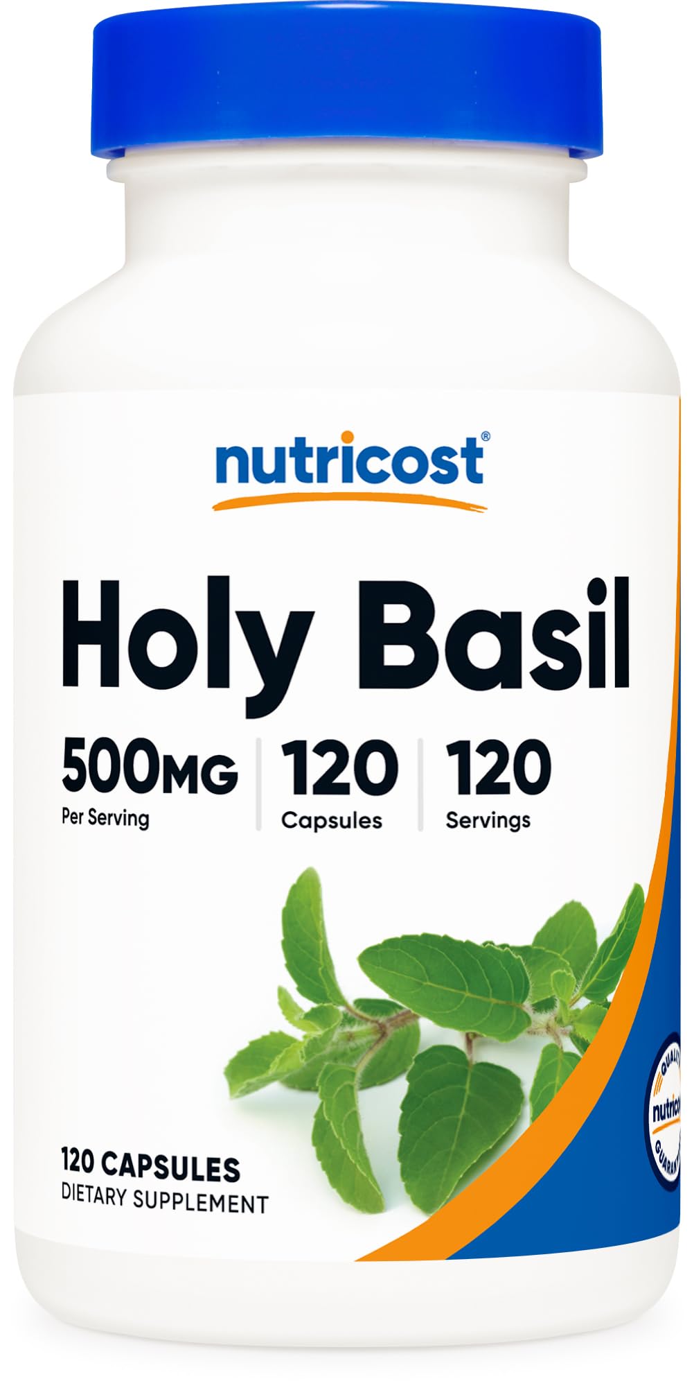 Nutricost Holy Basil Capsules bottle front, gluten-free label for daily wellness.