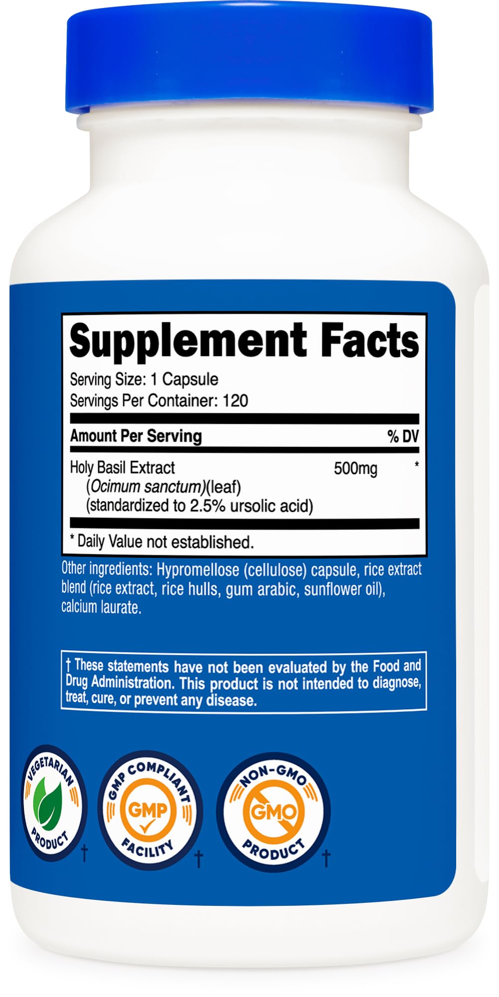 Nutricost Holy Basil Capsules close-up of ingredients panel and antioxidants.