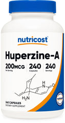 Nutricost Huperzine A bottle front view with 200 mcg capsules for daily cognitive support.