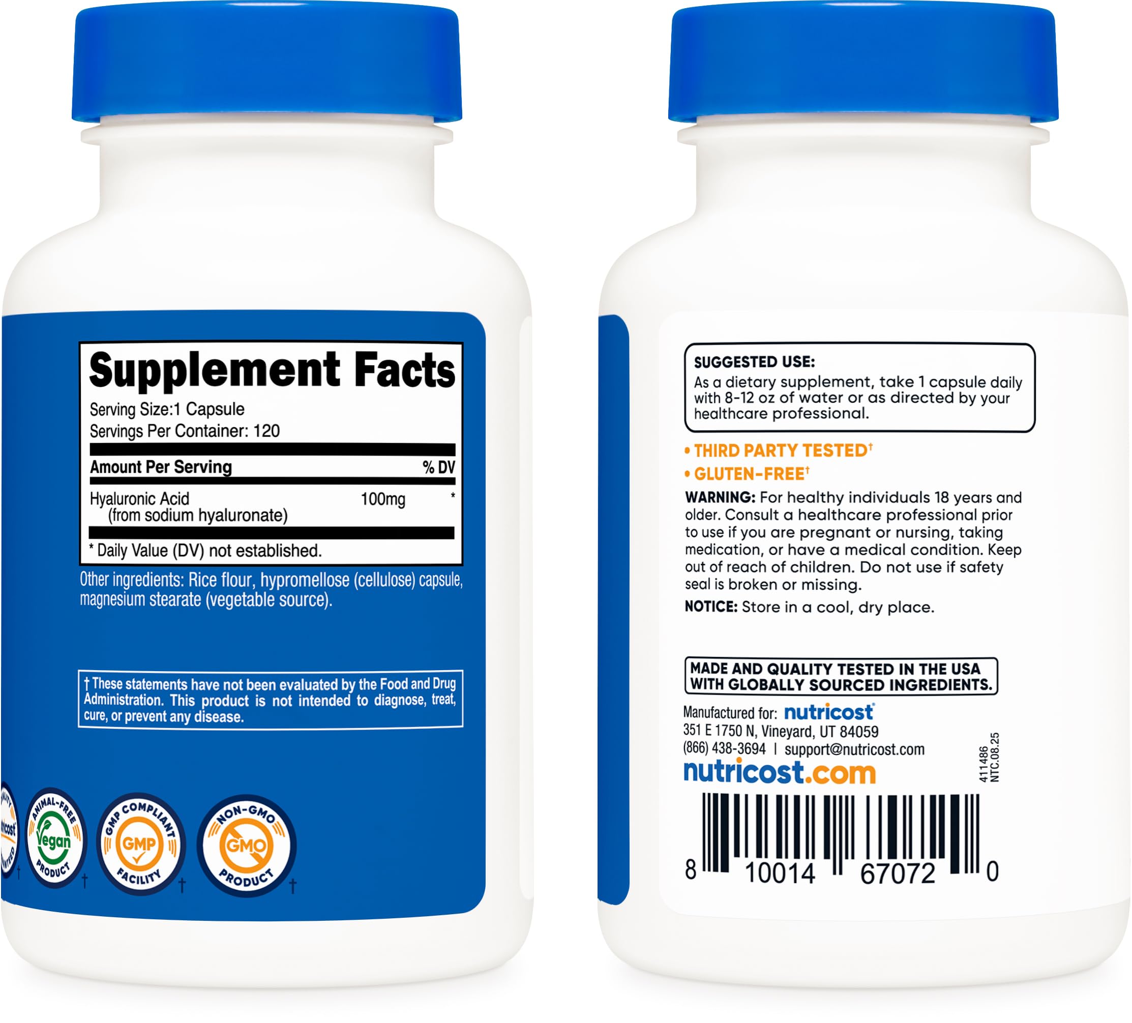 Nutricost Hyaluronic Acid Capsules bottle displays 120 servings per bottle
