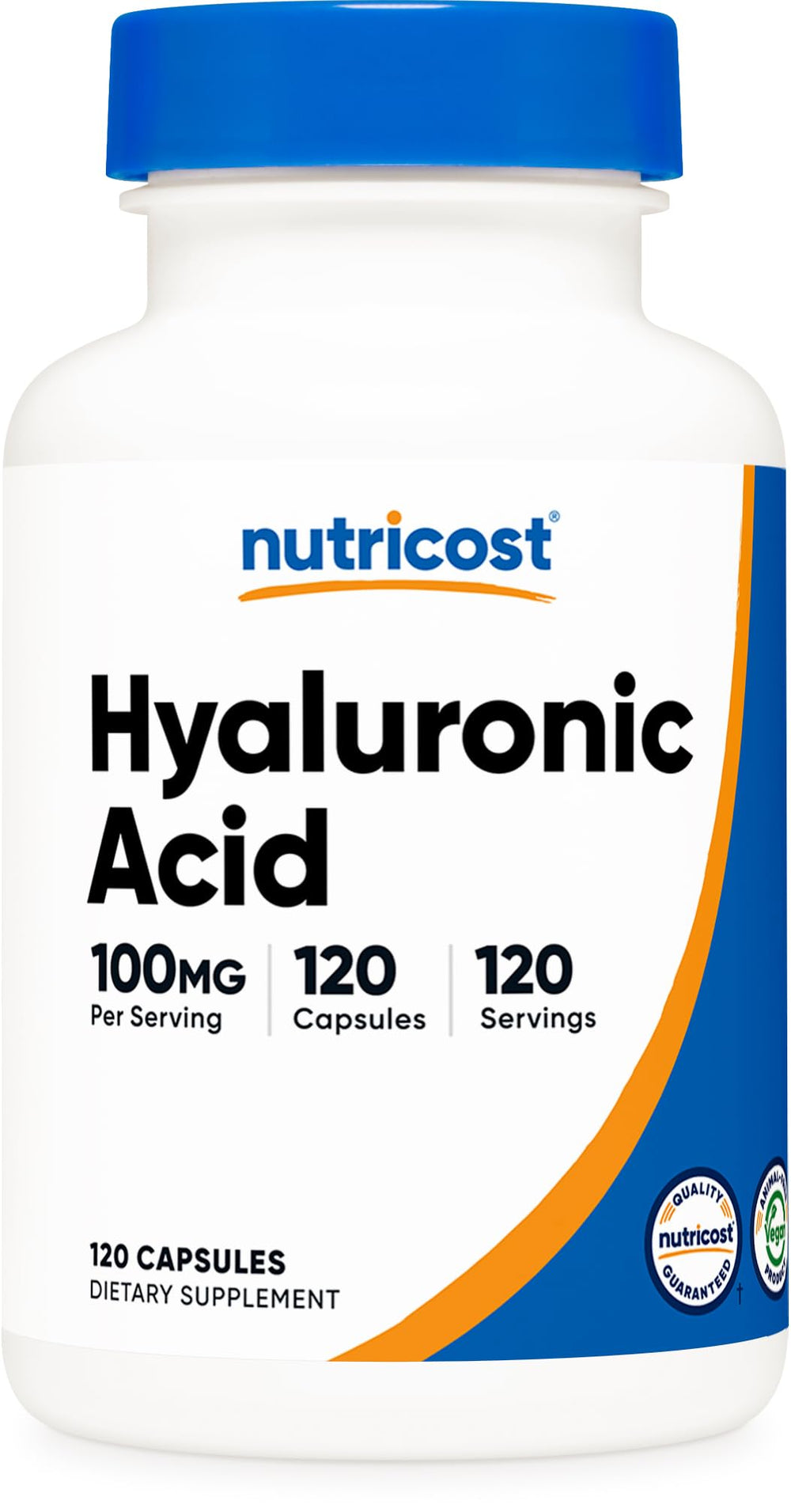 Nutricost Hyaluronic Acid Capsules bottle on white background for daily hydration support