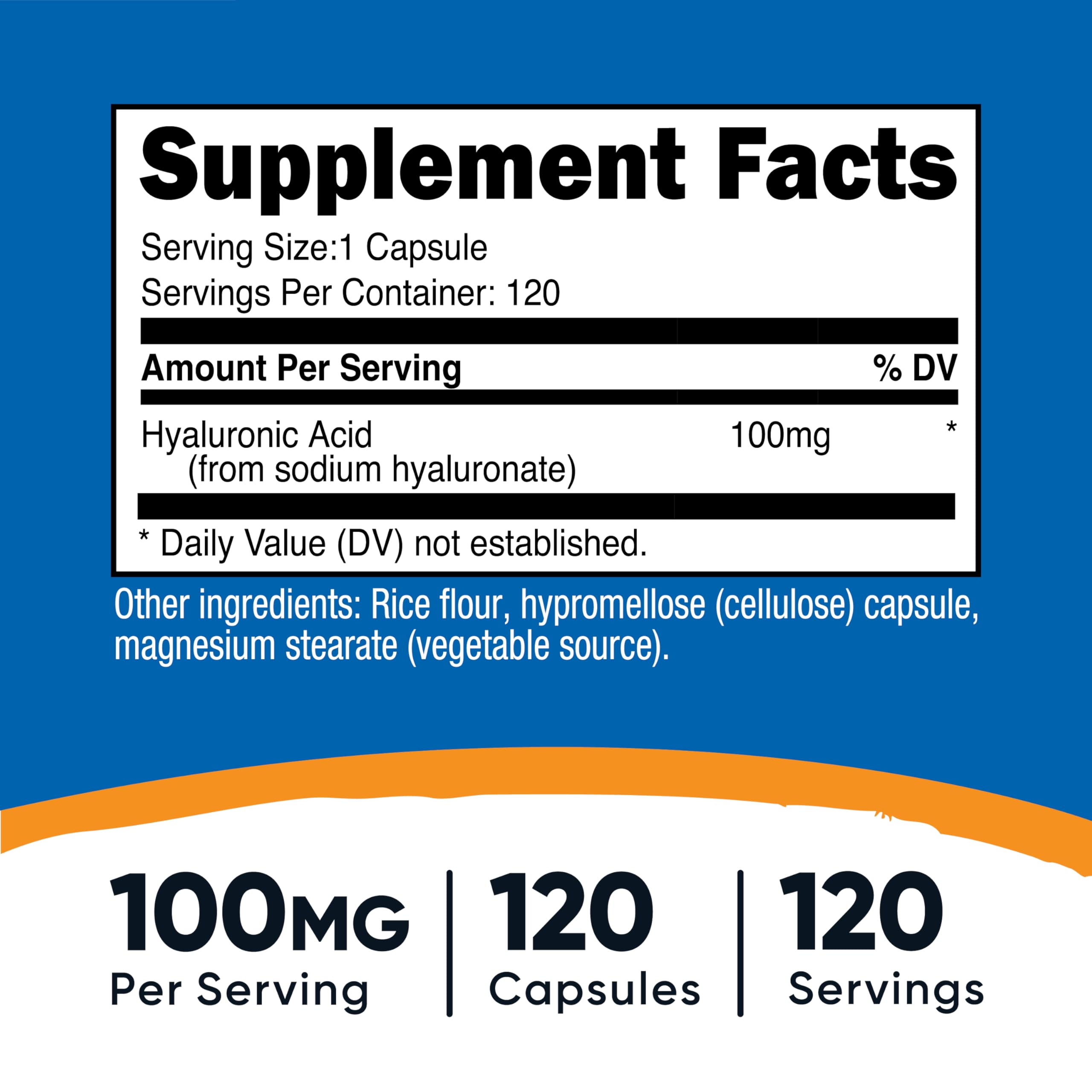 Nutricost Hyaluronic Acid Capsules close-up highlighting 100 mg per capsule for easy daily use