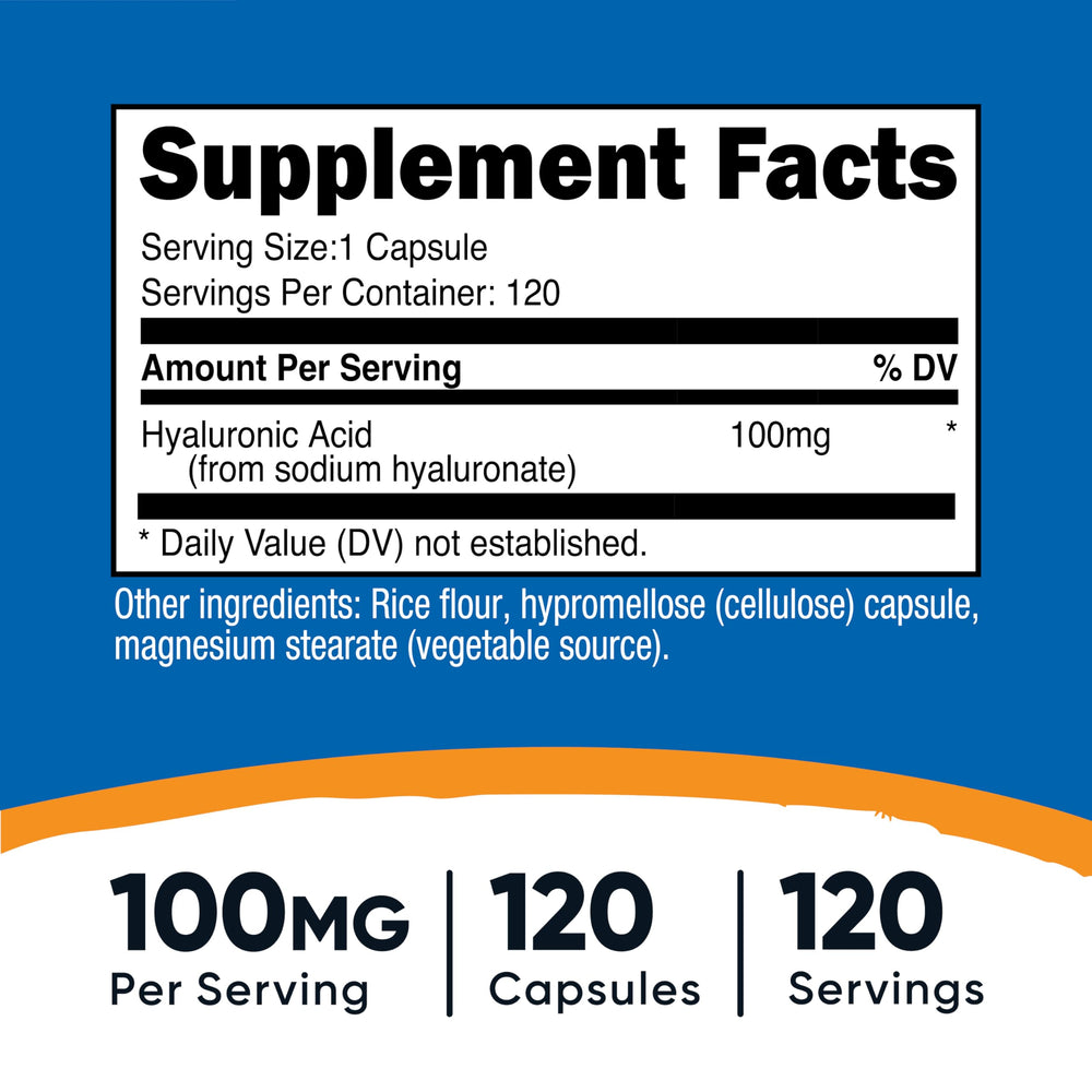 Nutricost Hyaluronic Acid Capsules close-up highlighting 100 mg per capsule for easy daily use