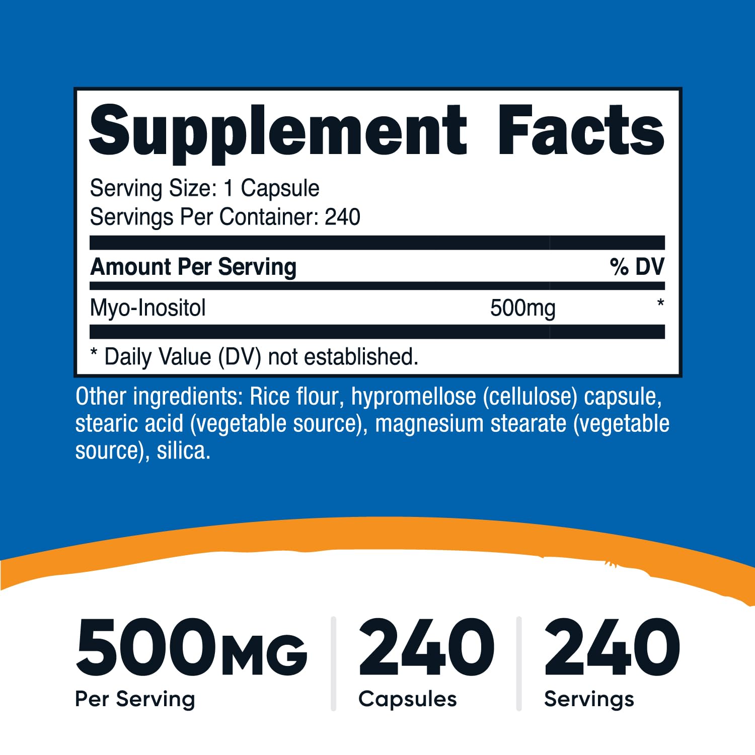 Nutricost Inositol bottle label highlighting 240 vegetarian capsules and gluten-free status.
