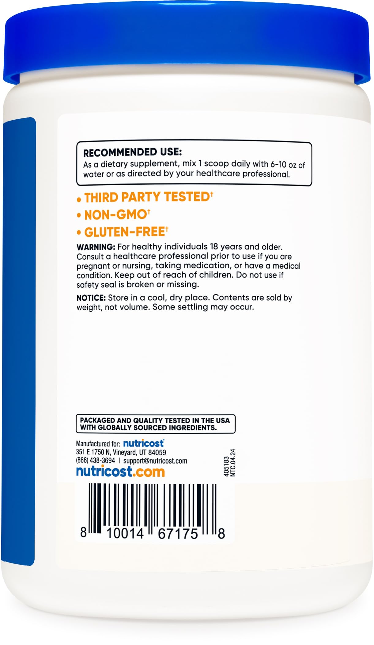 Close-up of Nutricost label showing gluten-free and non-GMO assurances.