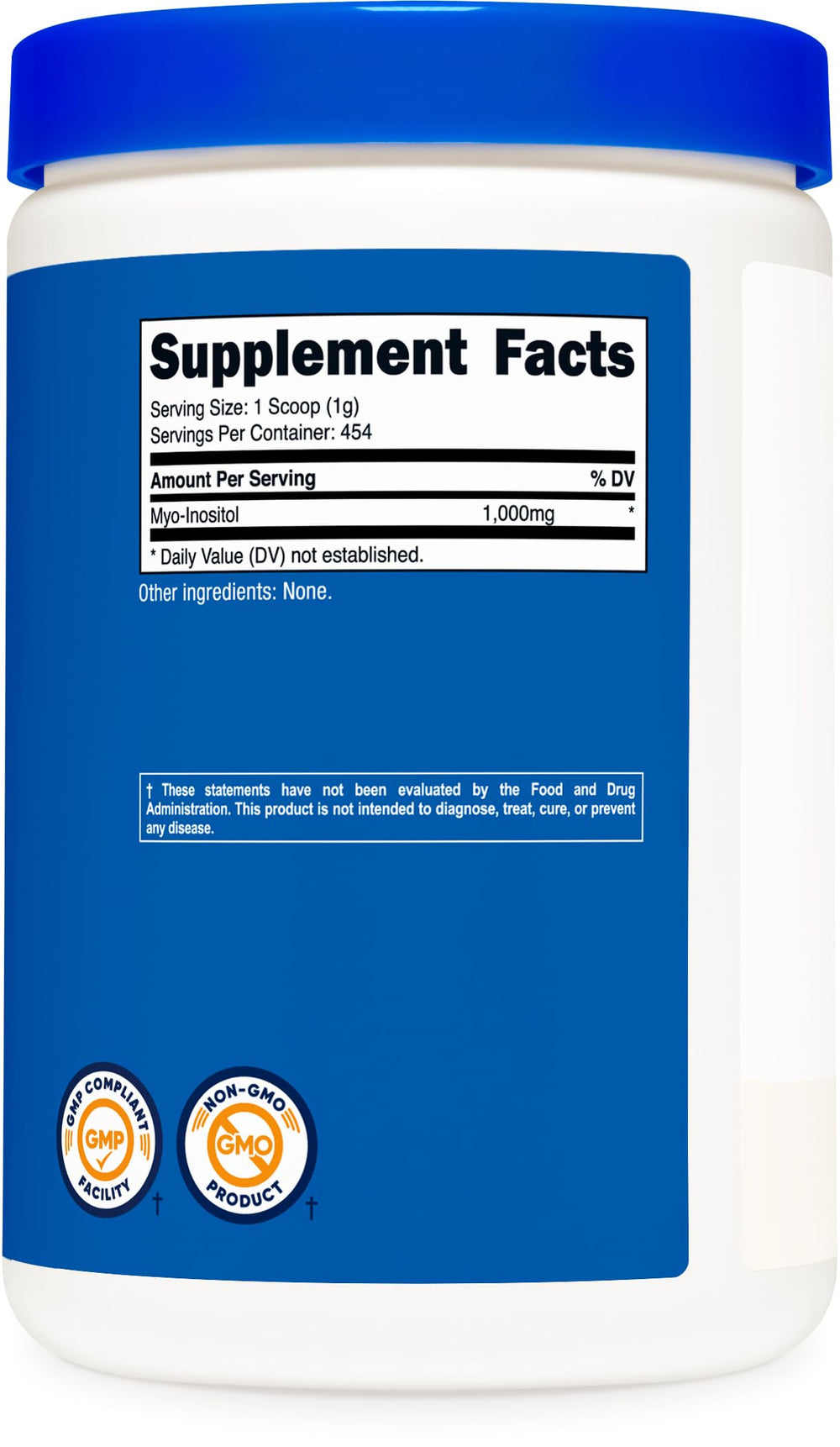 ISO-certified lab testing seal on Nutricost Inositol Powder bottle.