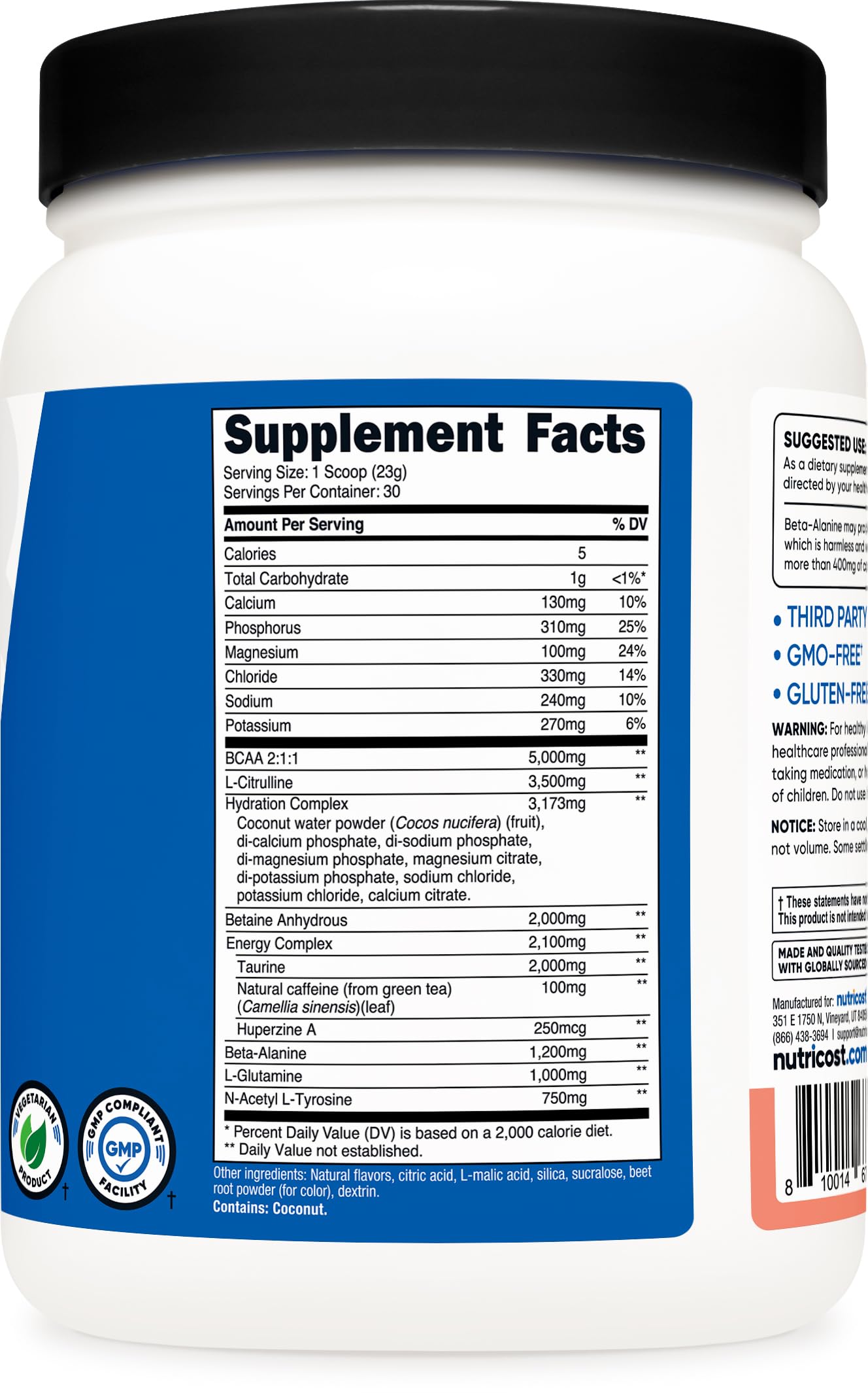 Nutricost Pink Lemonade label on tub highlighting Non-GMO and Gluten-Free